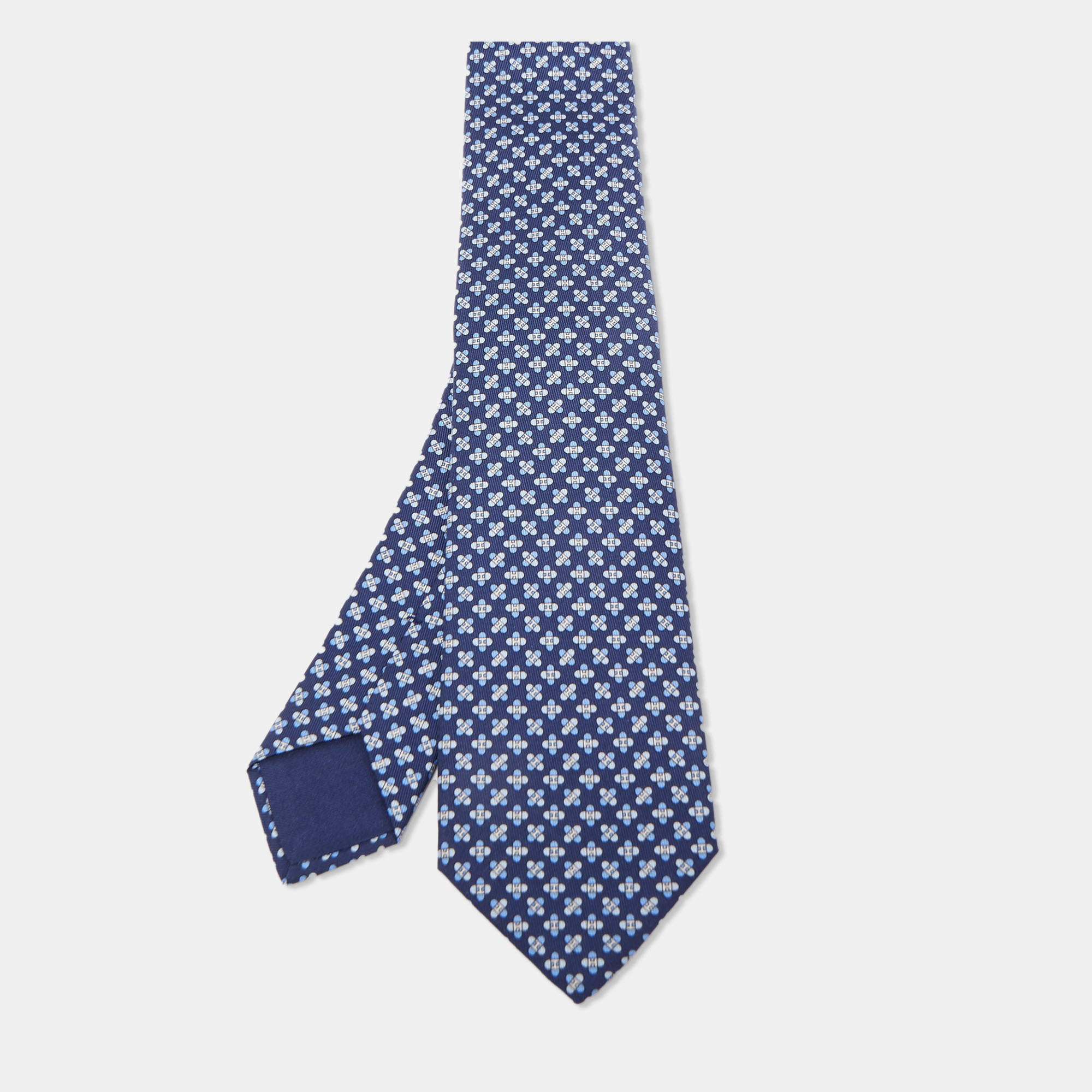 Hermès Navy Blue 7 Drone H Printed Silk Slim Tie