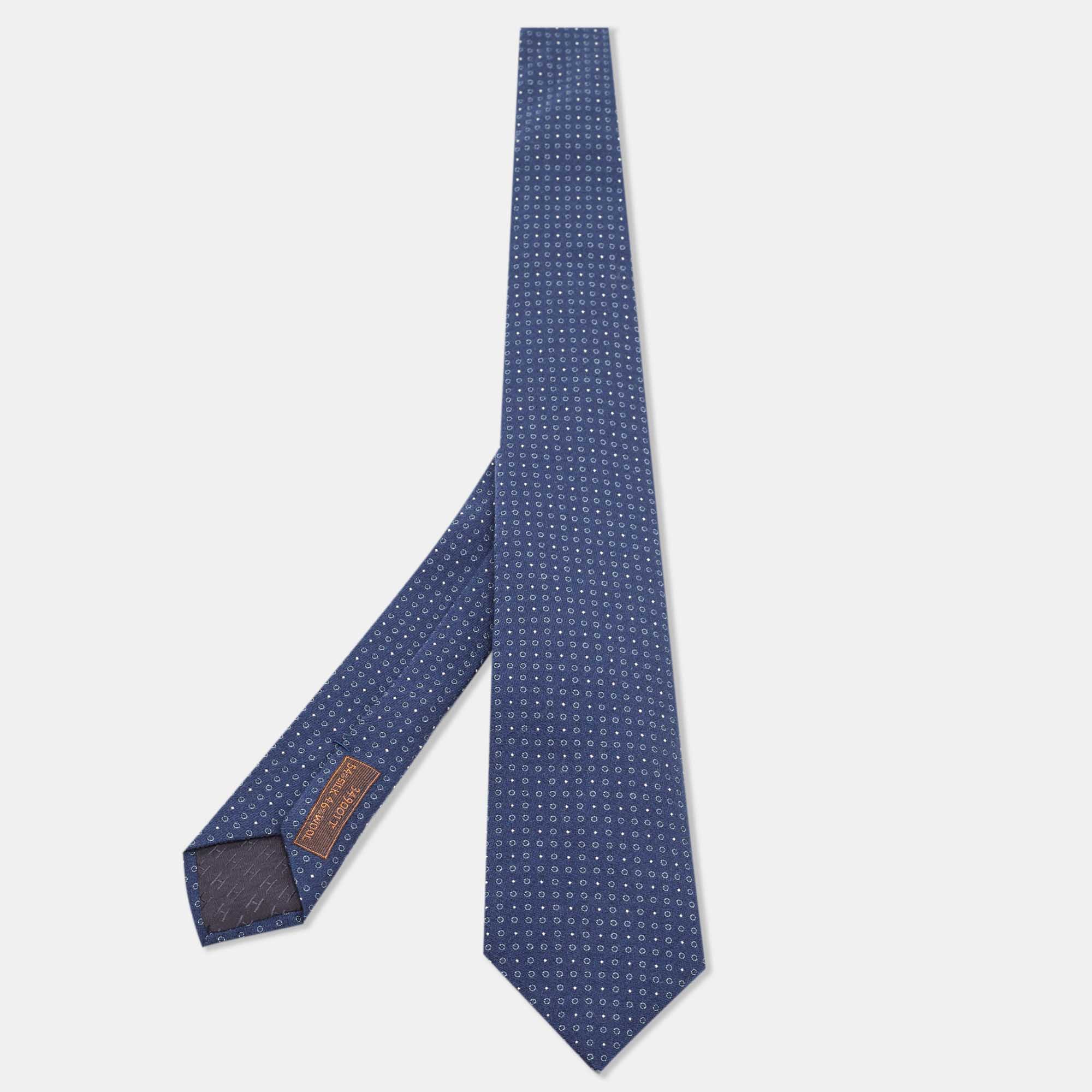 Pre Owned Hermes Navy Blue Cercles Et Pois Silk & Wool Jacquard Slim Tie