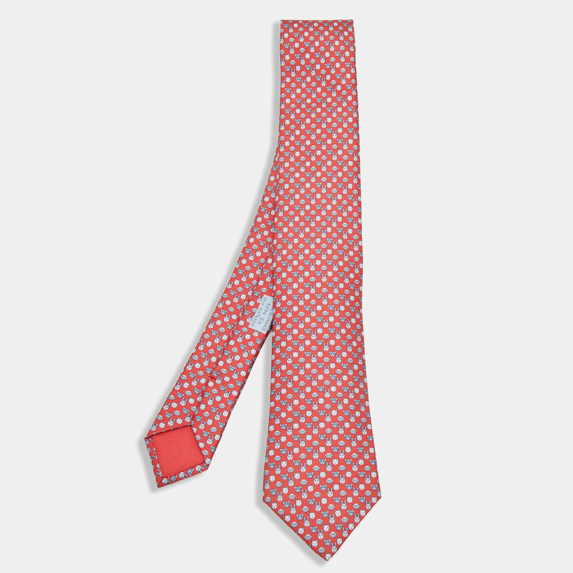 Hermès Red Tetes A Pois Printed Silk Slim Tie