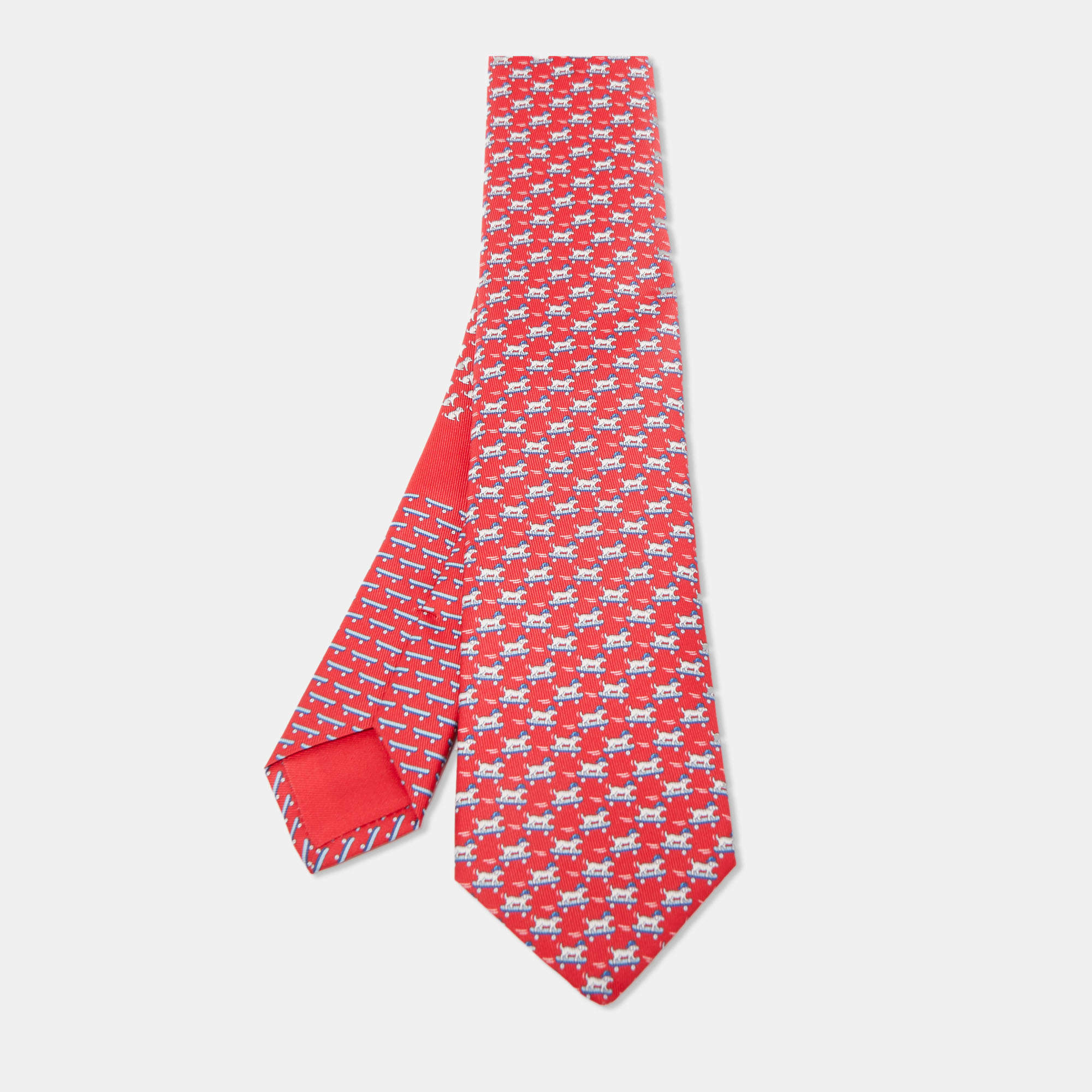 Hermès Red Roller Dog Printed Silk Slim Tie