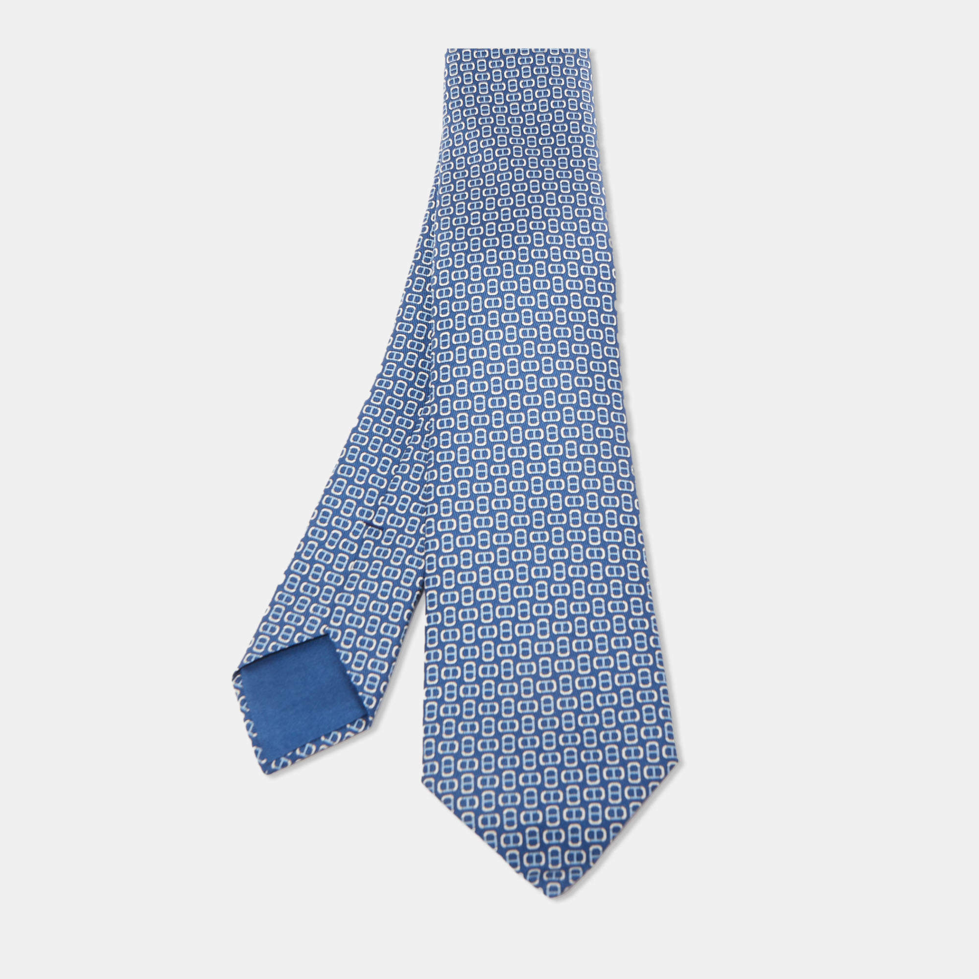 Pre Owned Hermès Blue 7 H Maillon Printed Silk Slim Tie
