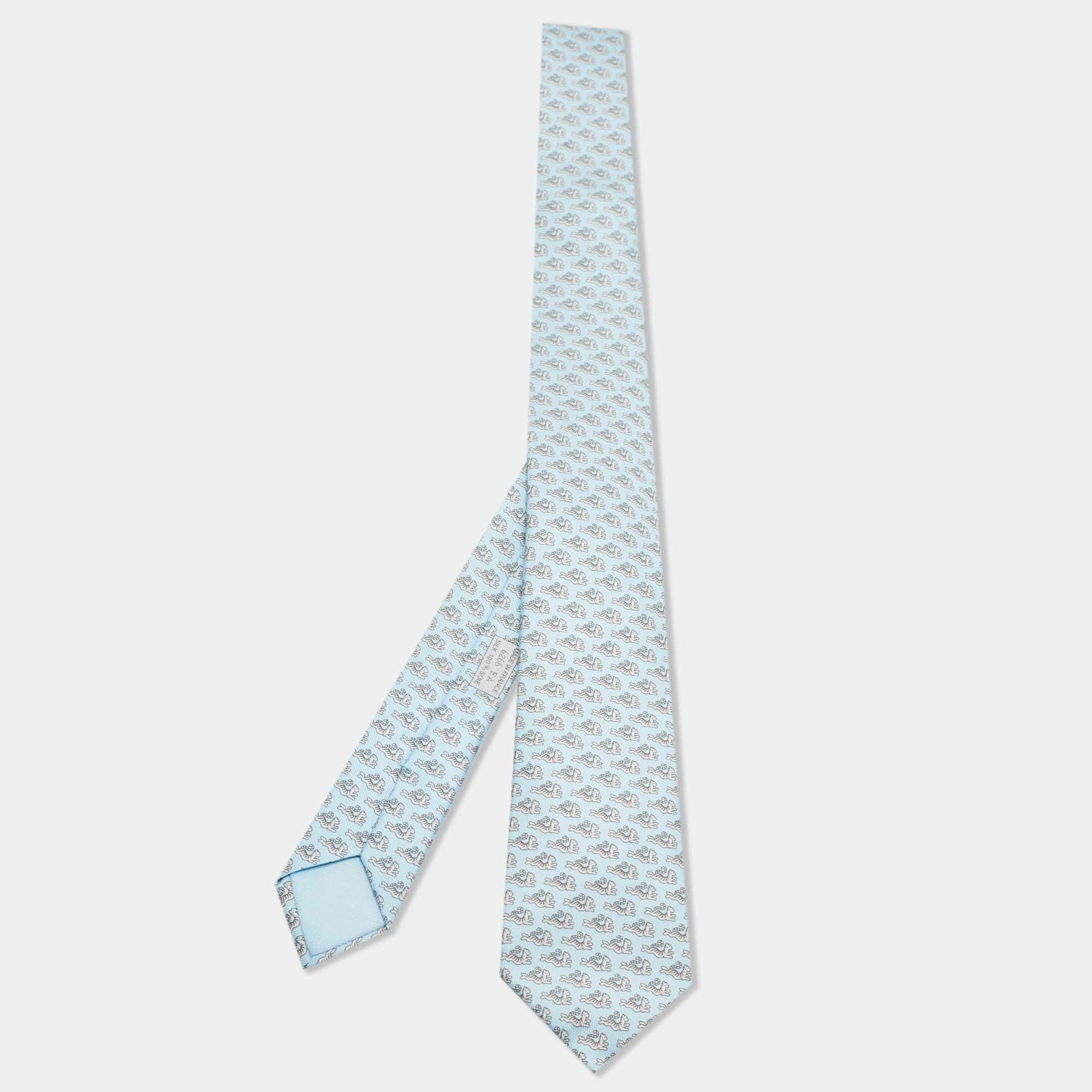 Pre Owned Hermès Blue 7 Happy Tiger Printed Silk Slim Tie