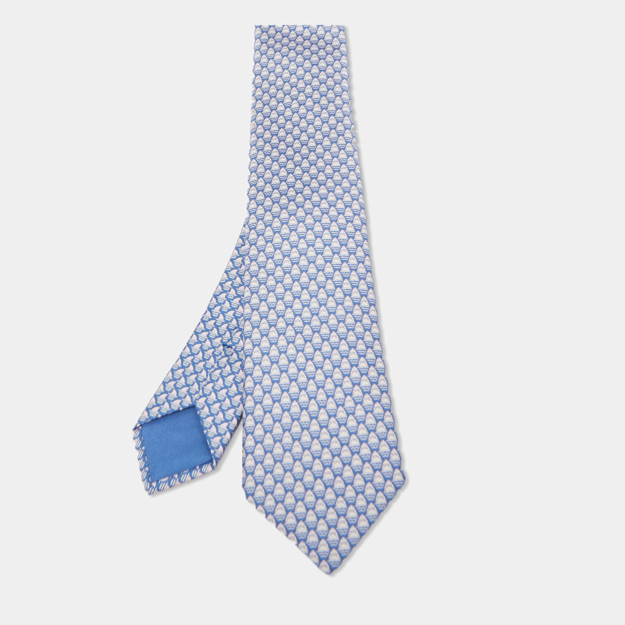 Hermès Blue Les Dents d'Hermes Twillbi Printed Silk Slim Tie