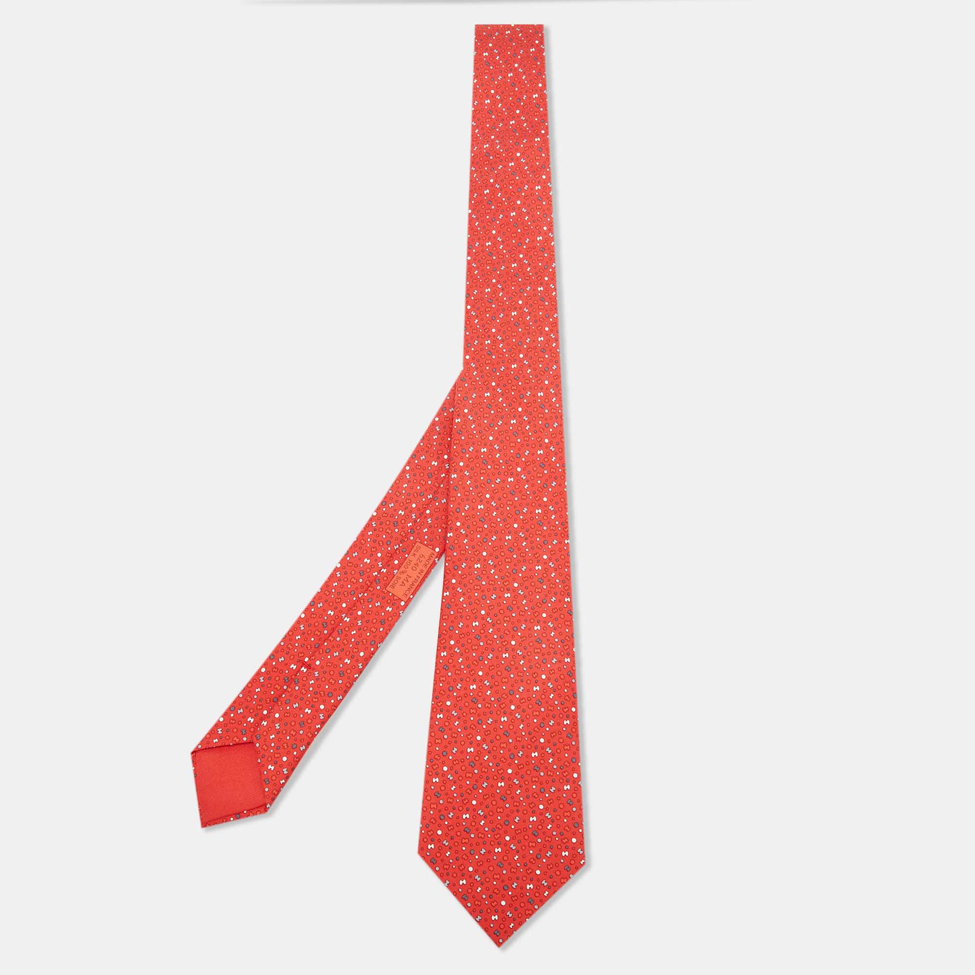 Pre Owned Hermès Red Bubble H Printed Silk Slim Tie