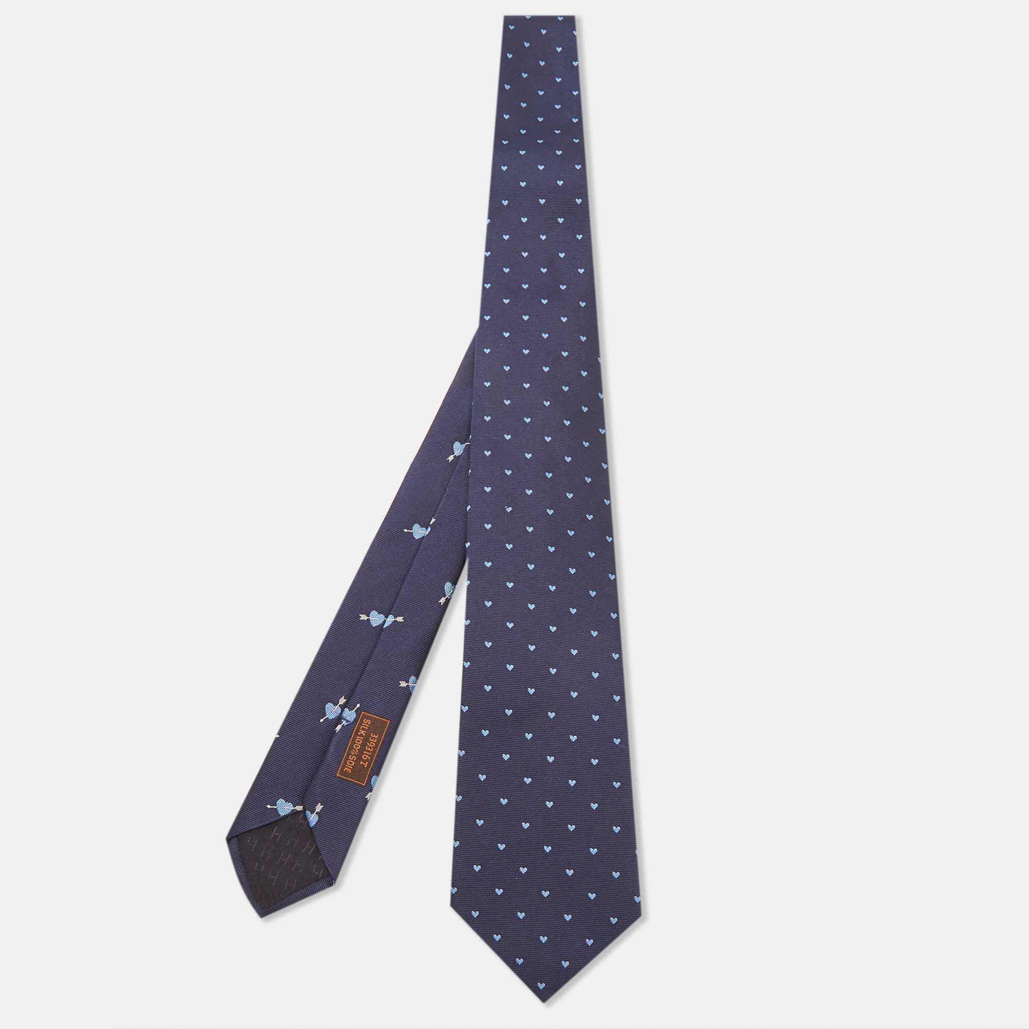Pre Owned Hermès Navy Blue From Hermes With Love Silk Jacquard Slim Tie