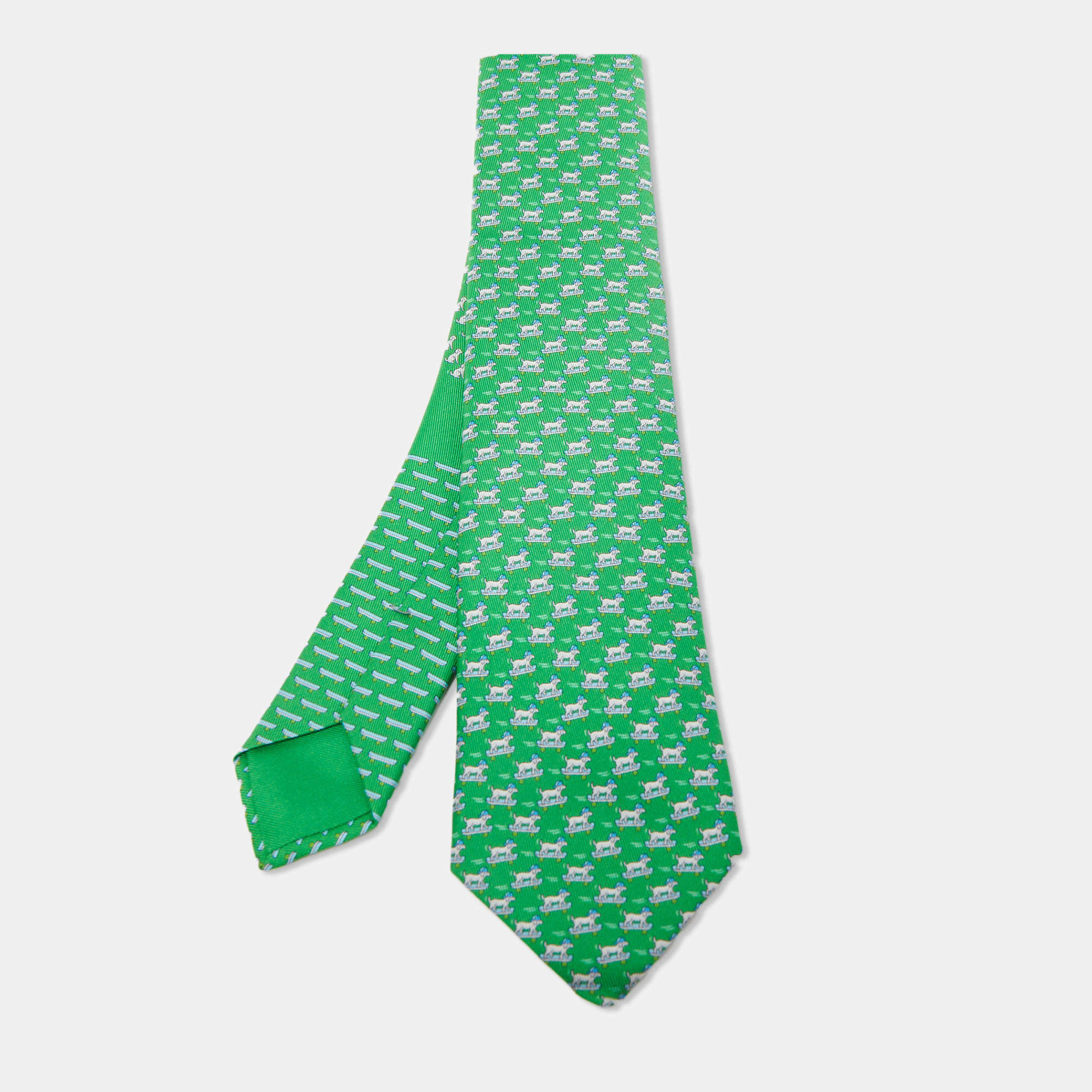 Pre Owned Hermès Green Roller Dog Printed Silk Slim Tie