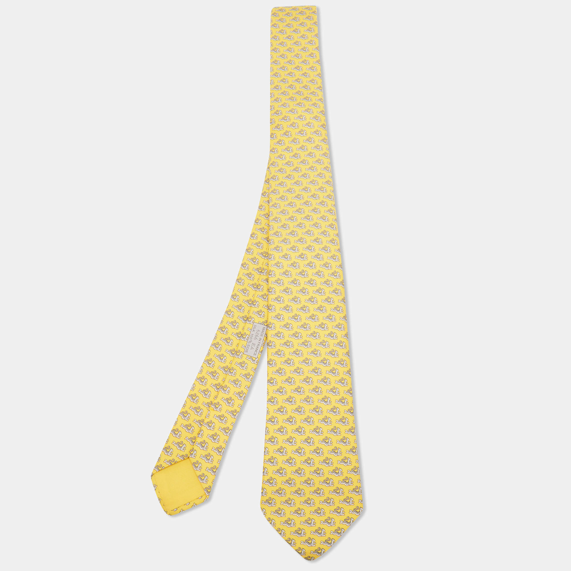 Pre Owned Hermes Yellow Happy Tiger Printed Silk Slim Tie