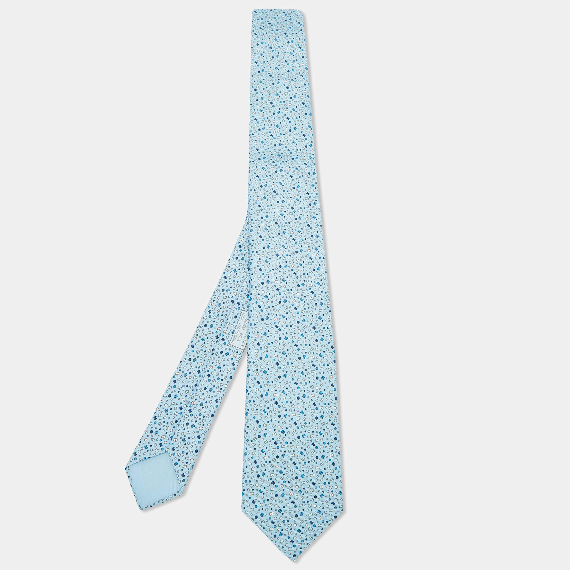 Pre Owned Hermes Blue Bubble H Printed Silk Slim Tie