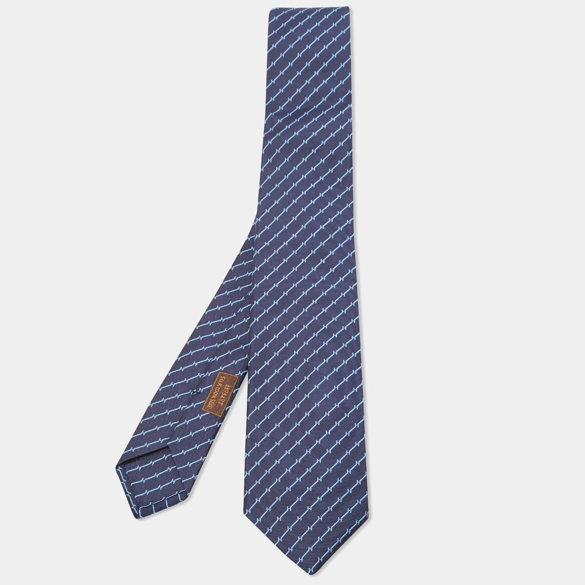 Pre Owned Hermès Navy Blue H Quadrige Patterned Silk Super Skinny Tie
