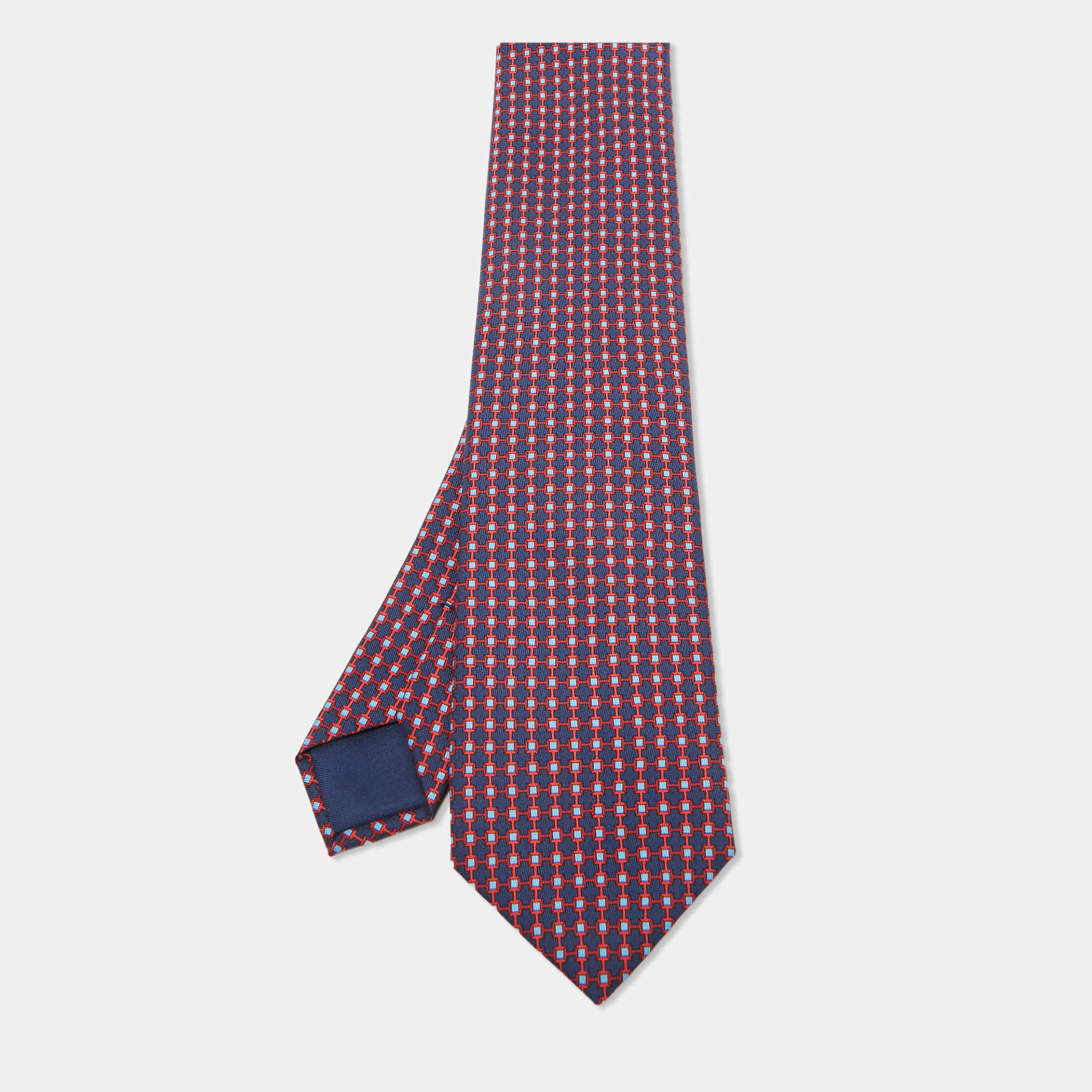 مملوكة مسبقًا Hermes Navy Blue Print Silk Clou De Forge Tie