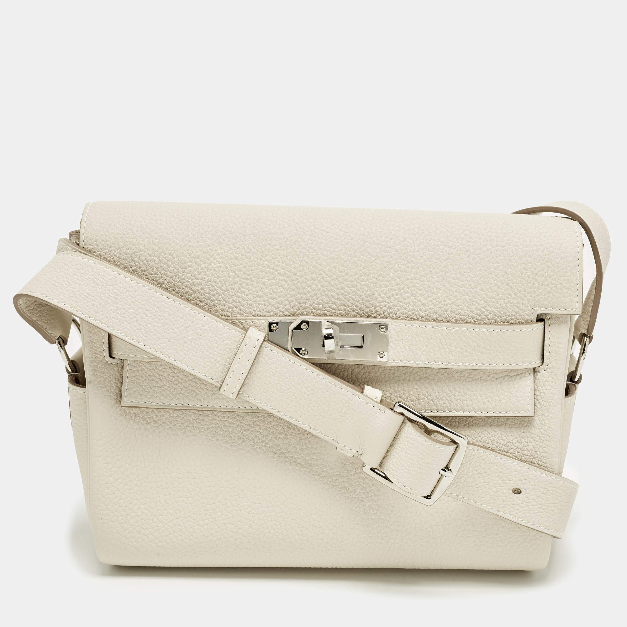 Pre Owned Hermes Kelly PM Palladium Finish Craie Togo Leather Messenger Bag