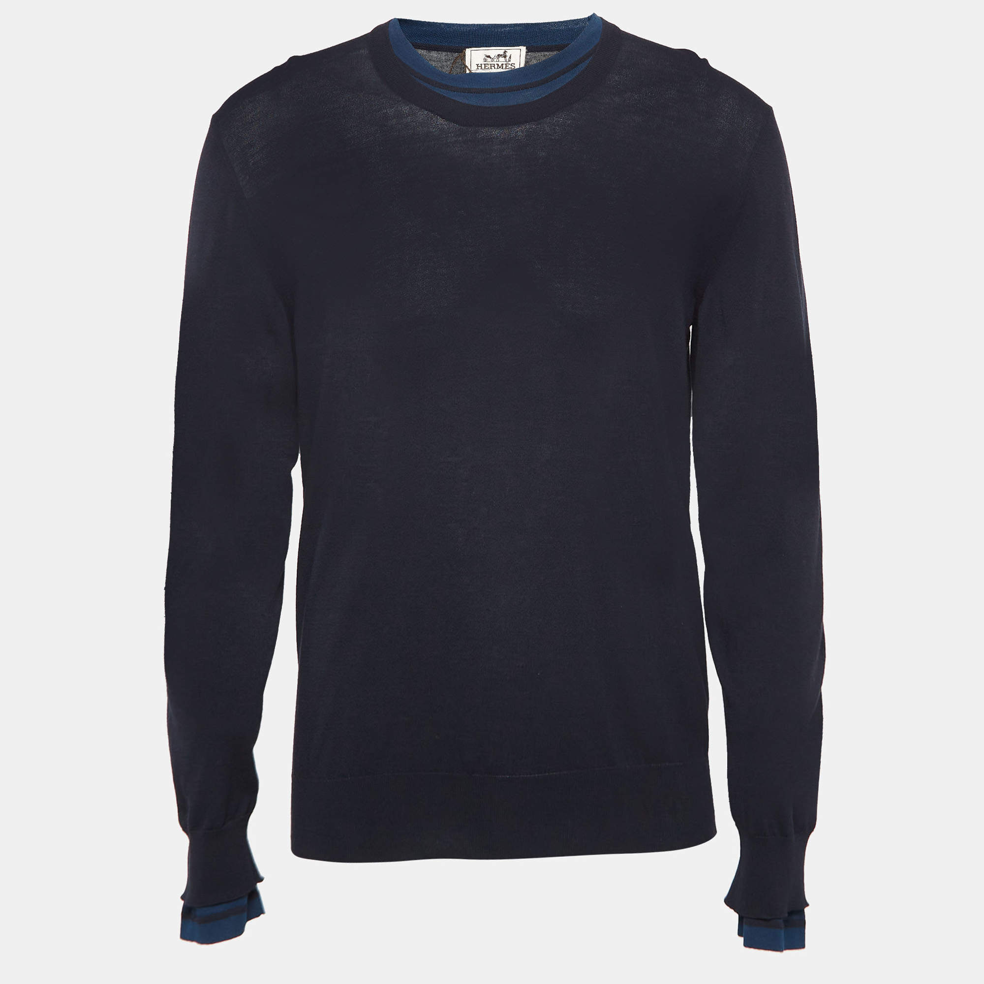 Hermes Navy Blue Cotton Knit Superpose Pullover L