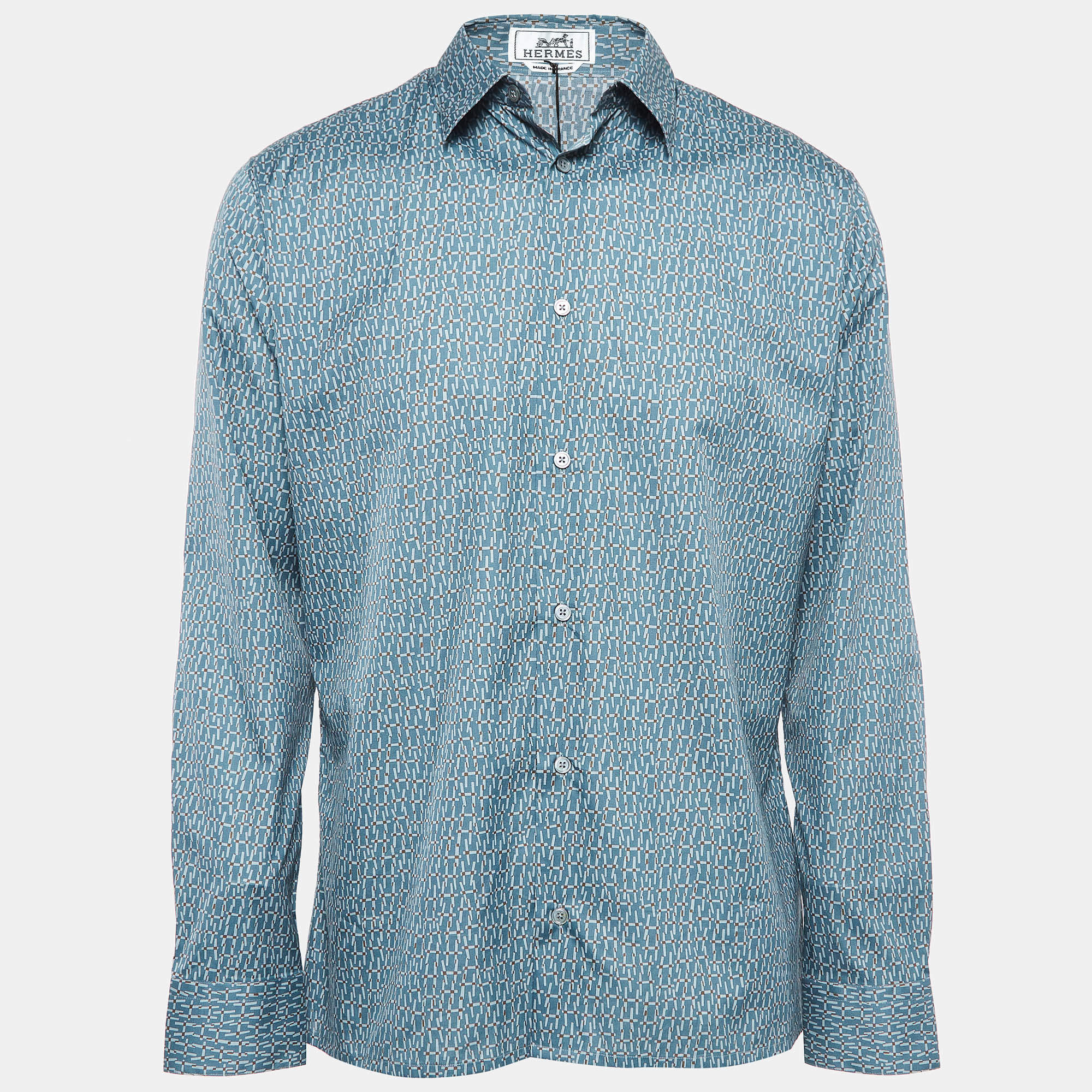 Hermes Blue Printed Cotton Long Sleeve Shirt L