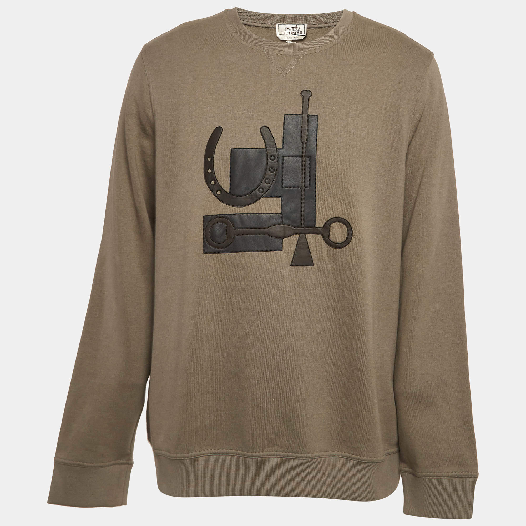 Hermes Grey Leather Applique Cotton Sweatshirt XXL