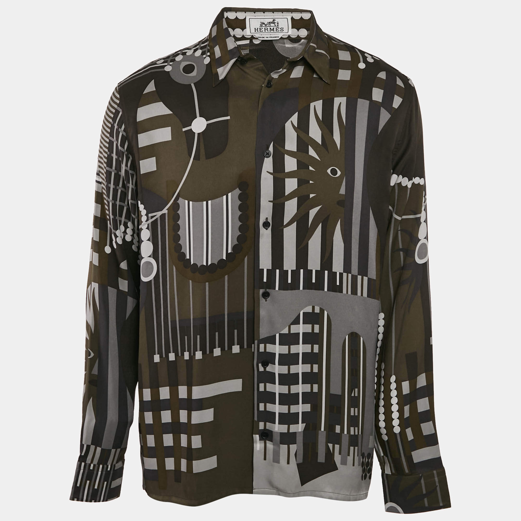 Hermes Green Printed Silk Button Front Long Sleeve Shirt M