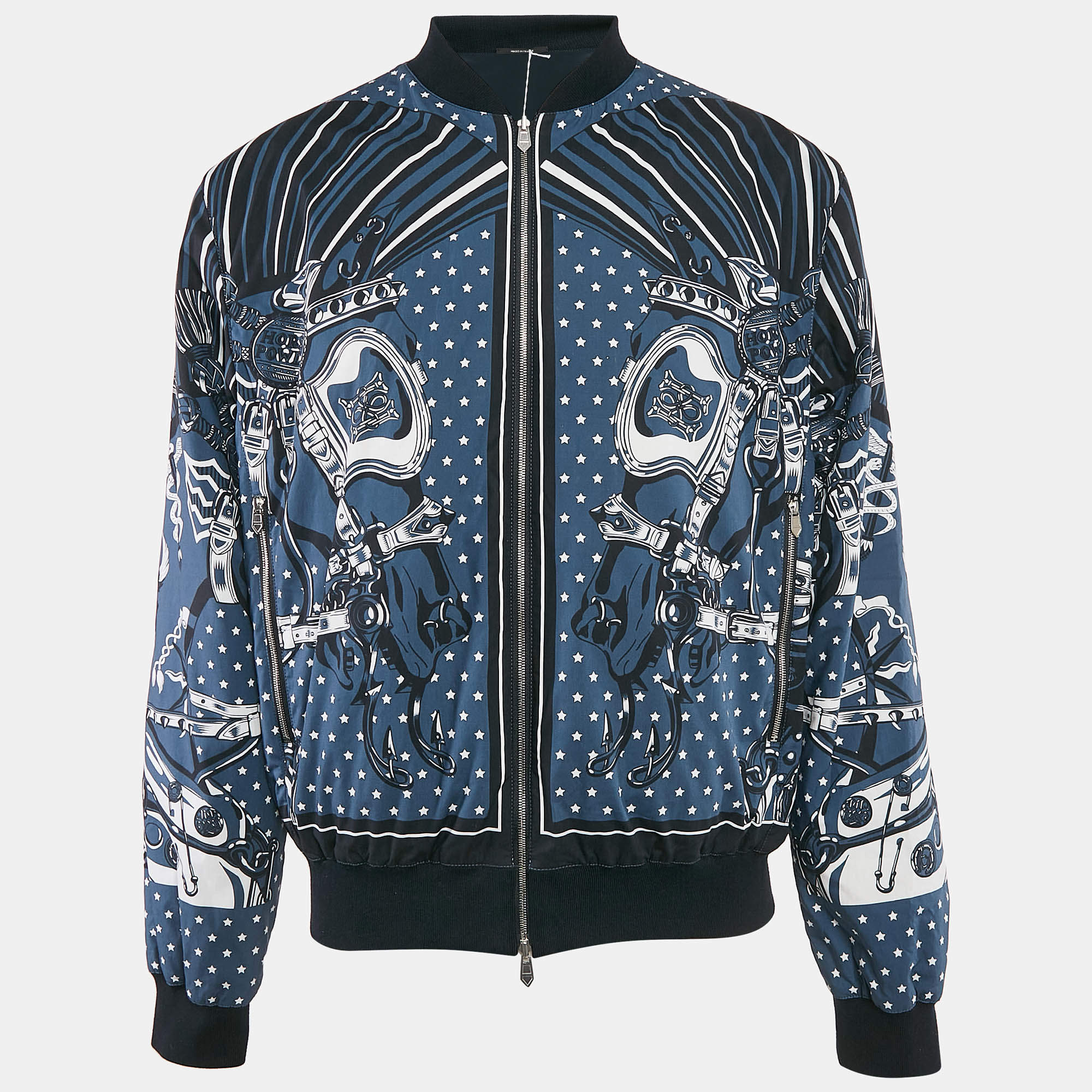 Hermes Blue Cotton and Nylon Reversible Zip-Up Cheval Punk Bandana Jacket XL