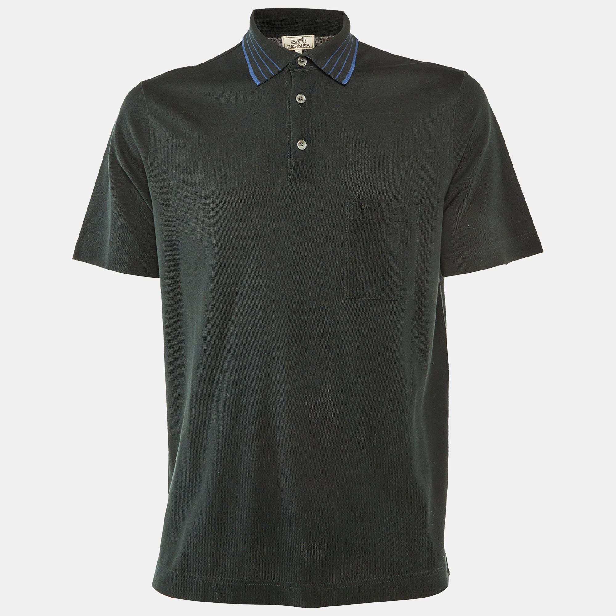 Pre Owned Hermes Black Cotton Knit Contrast Polo T-Shirt M
