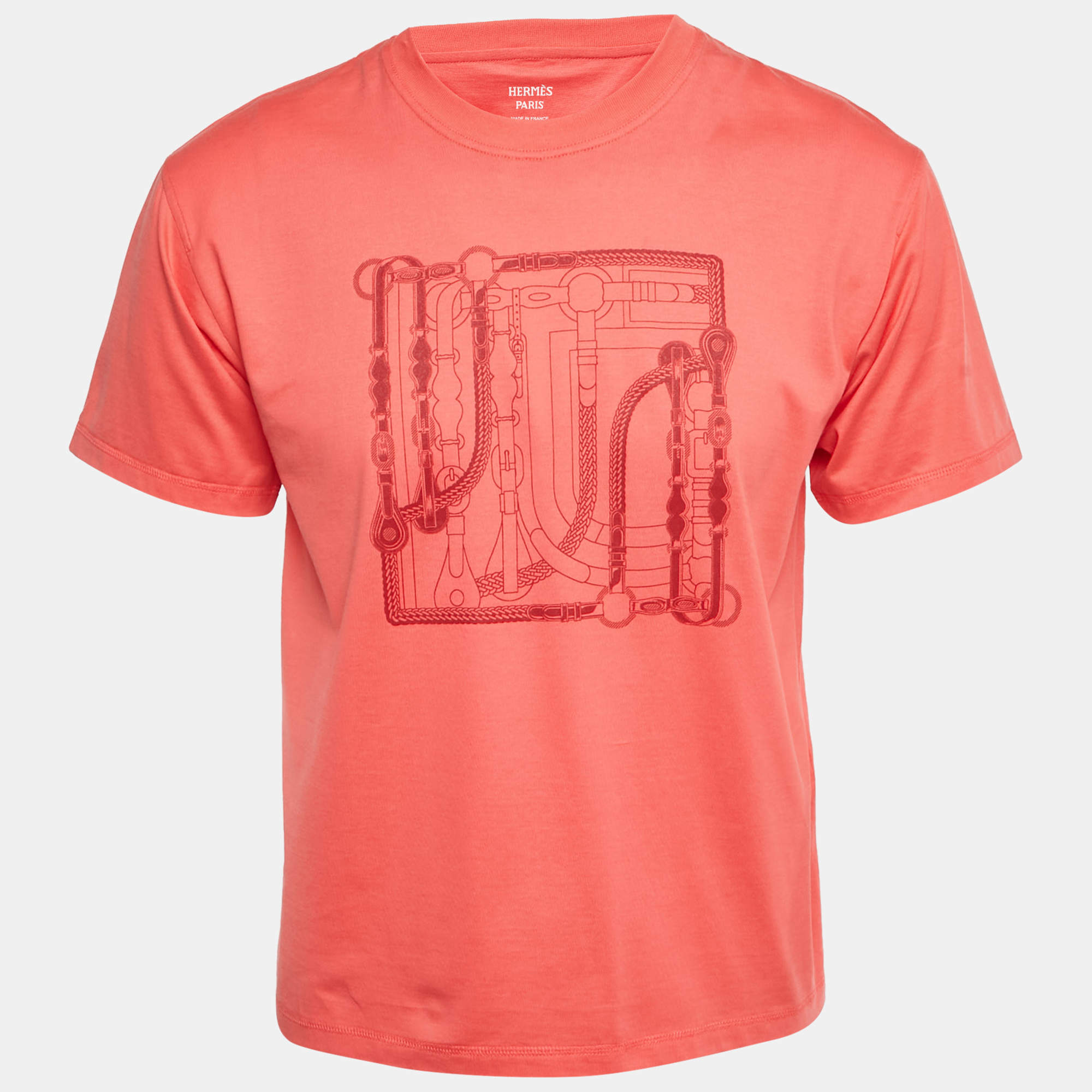 Pre Owned Hermès Pink Printed Cotton Crew Neck T-Shirt XS