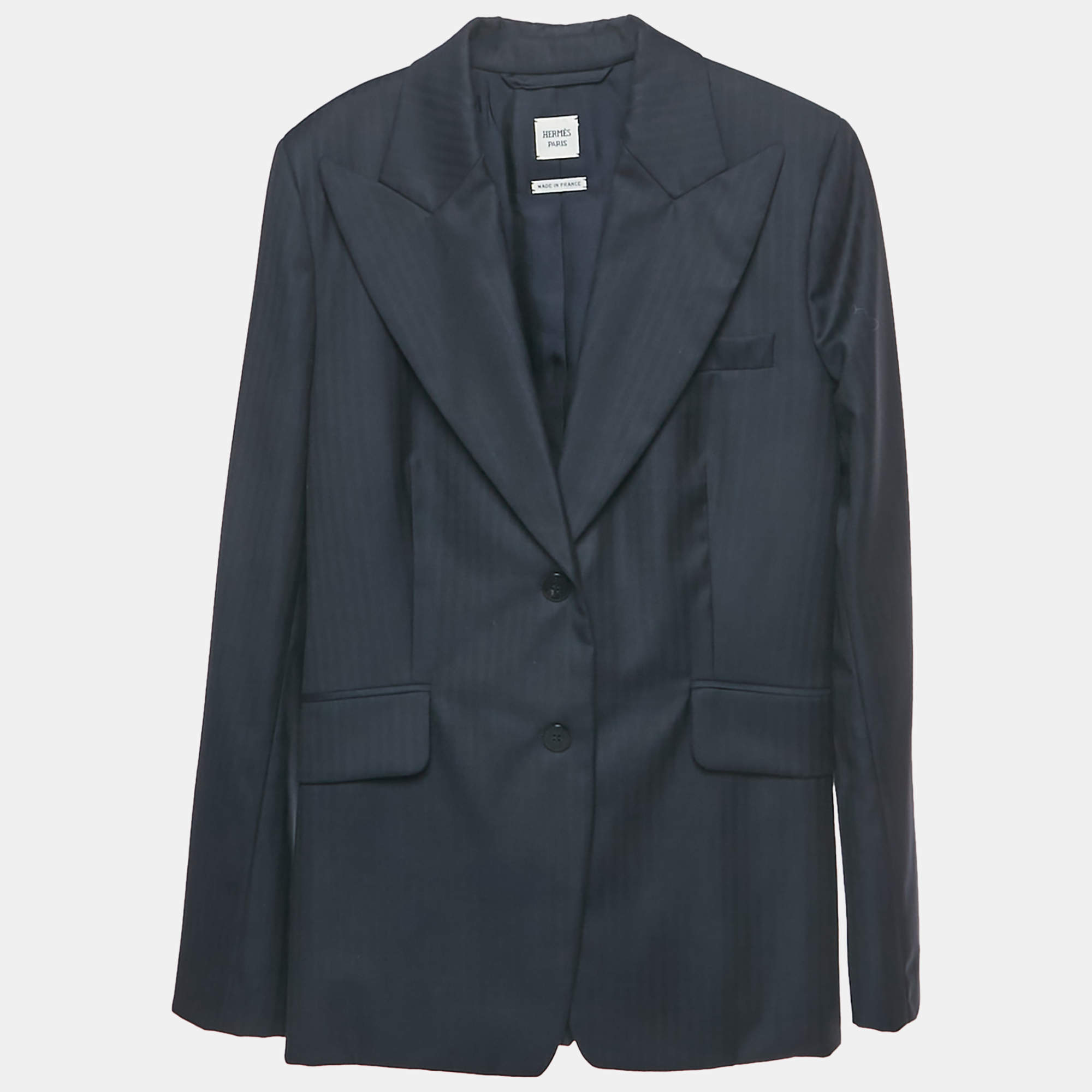 مملوكة مسبقًا Hermès Navy Blue Herringbone Wool Blazer XXS