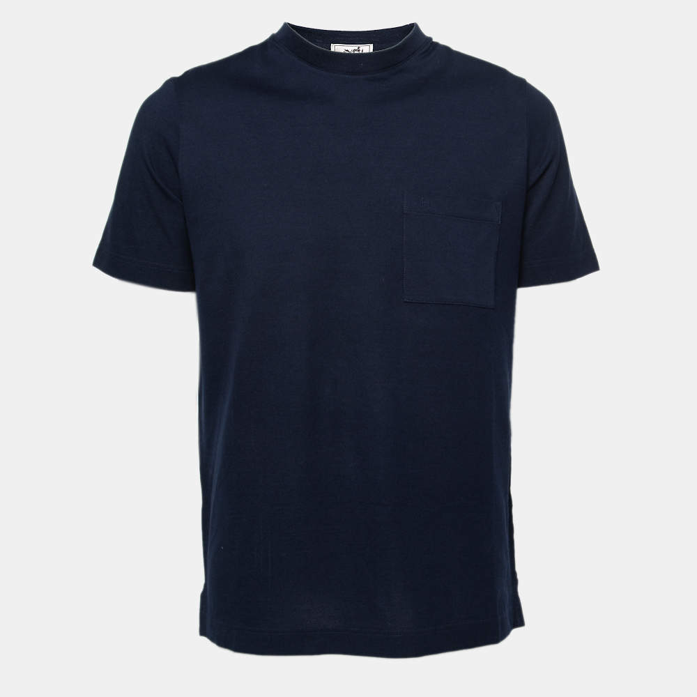 Pre Owned Hermes Navy Blue Cotton Pocket Detail V-Neck T-Shirt M