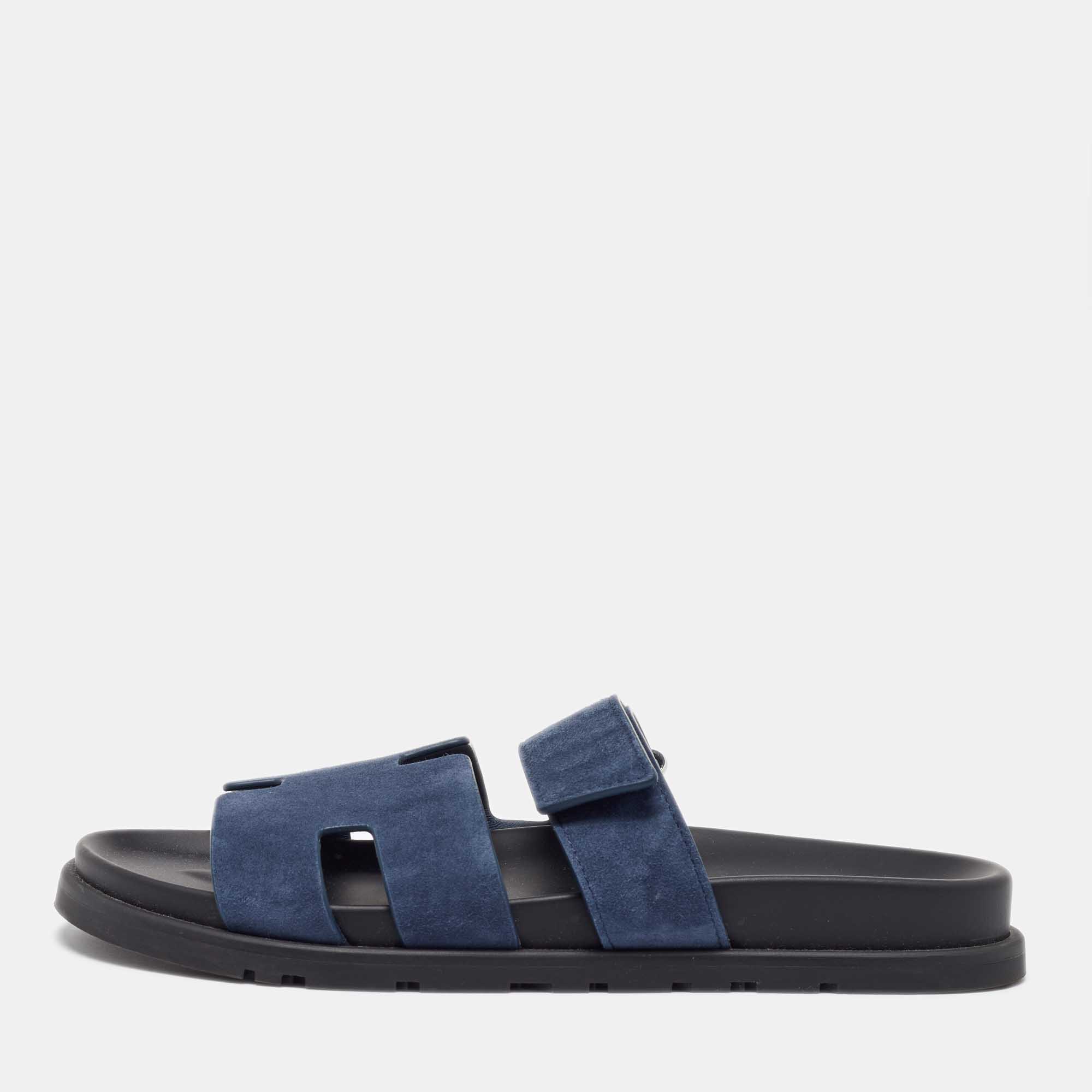 Hermes Navy Blue Nubuck Leather Chypre Sandals Size 42