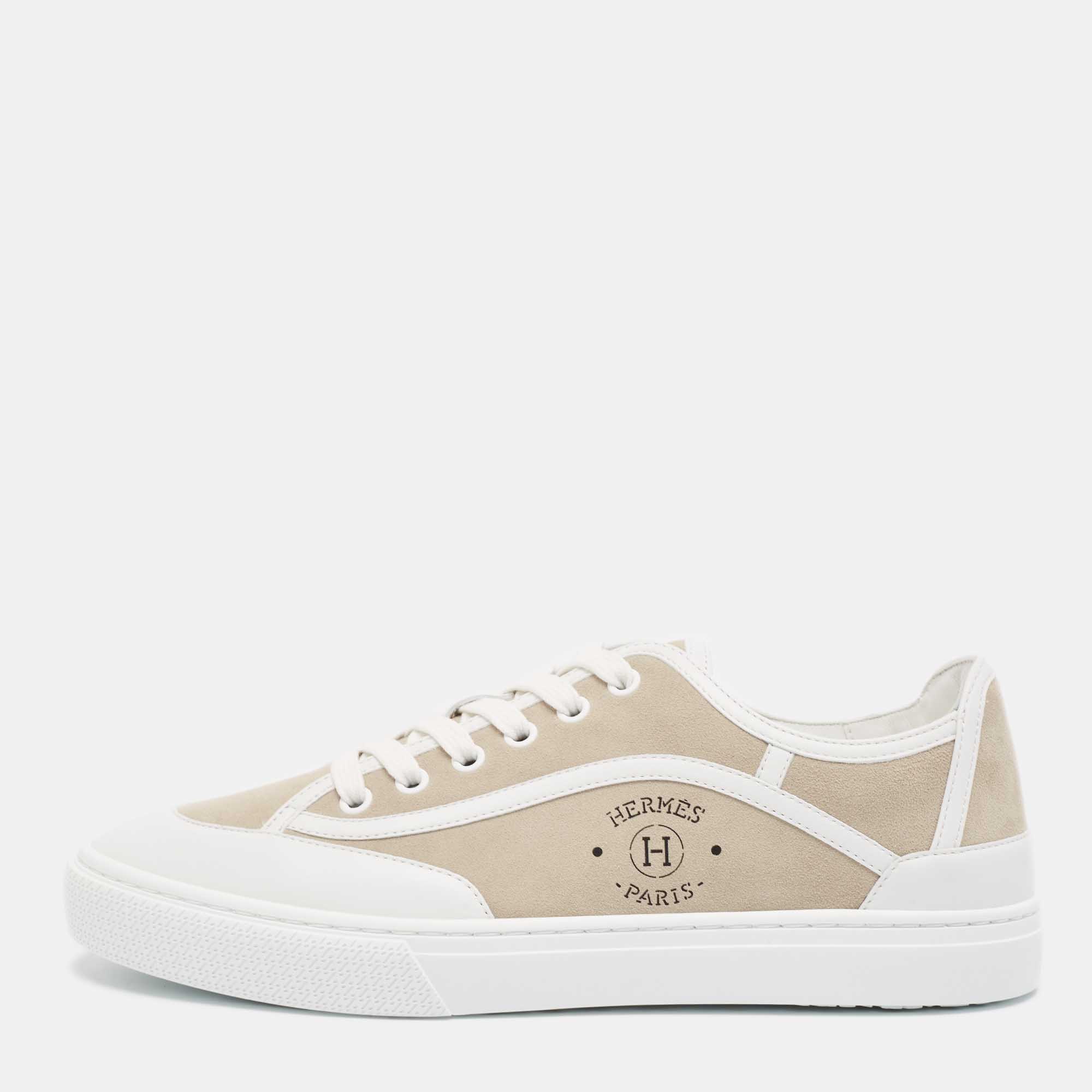 Hermès Beige/White Suede and Leather Get Sneakers Size 40.5