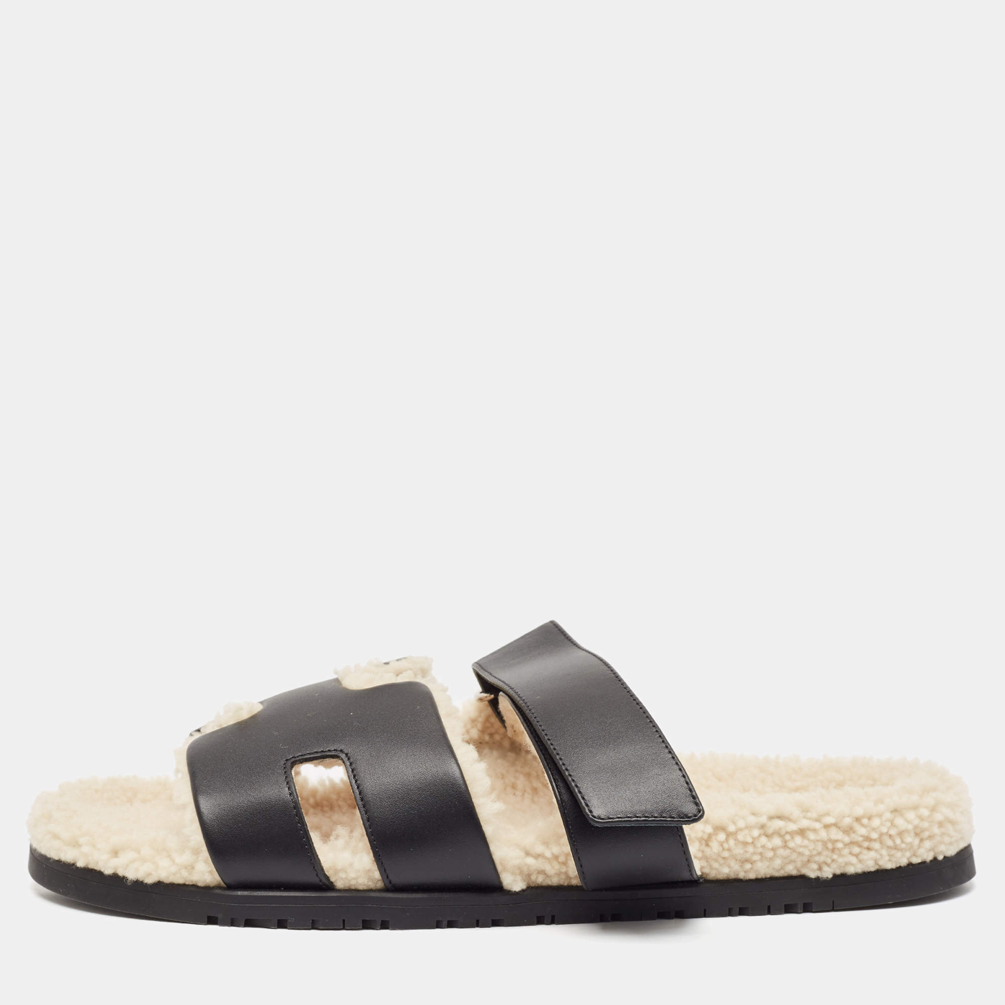Hermes Black Leather and Shearling Fur Lined Chypre Sandals Size 45.5