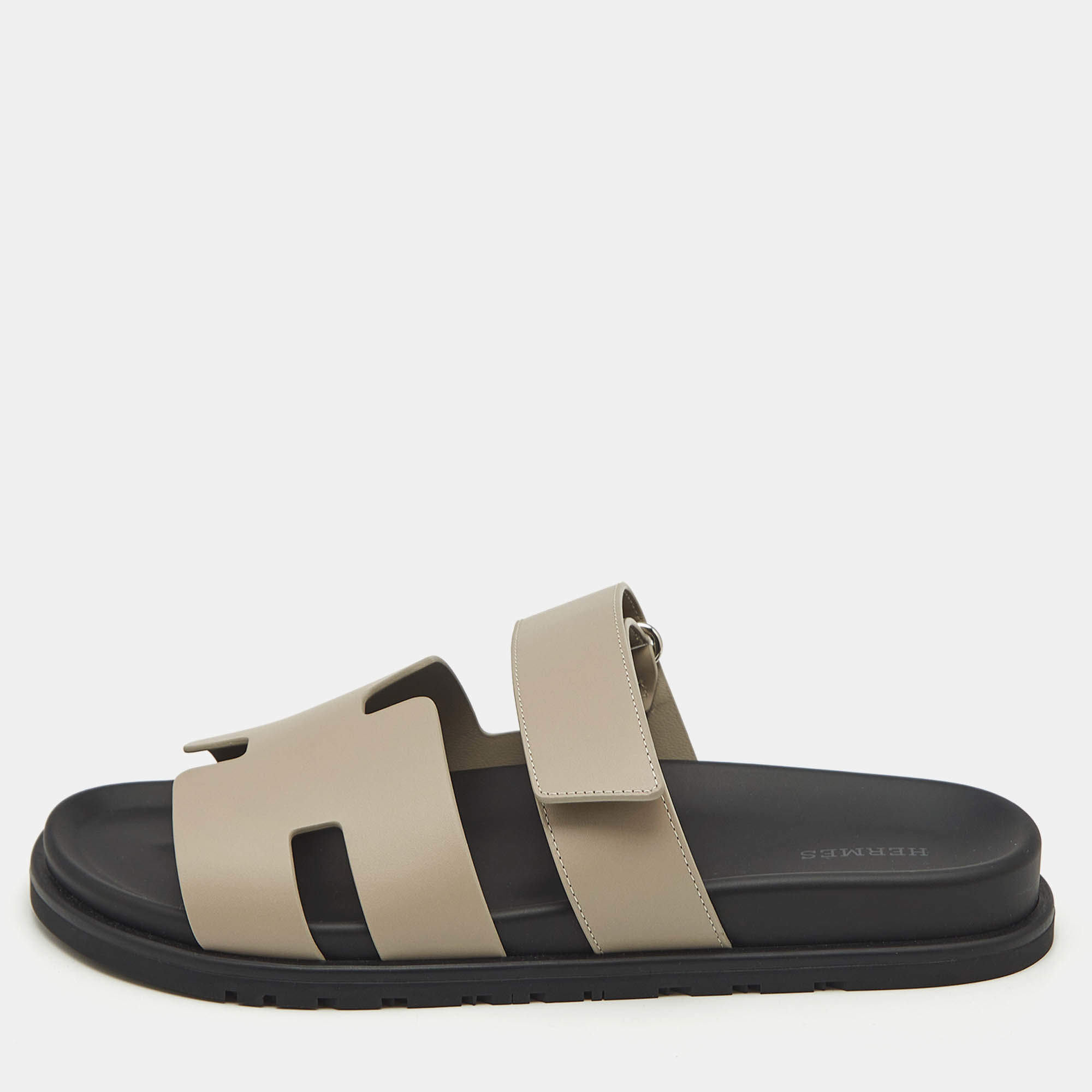 Hermes Grey Leather Chypre Sandals Size 42.5