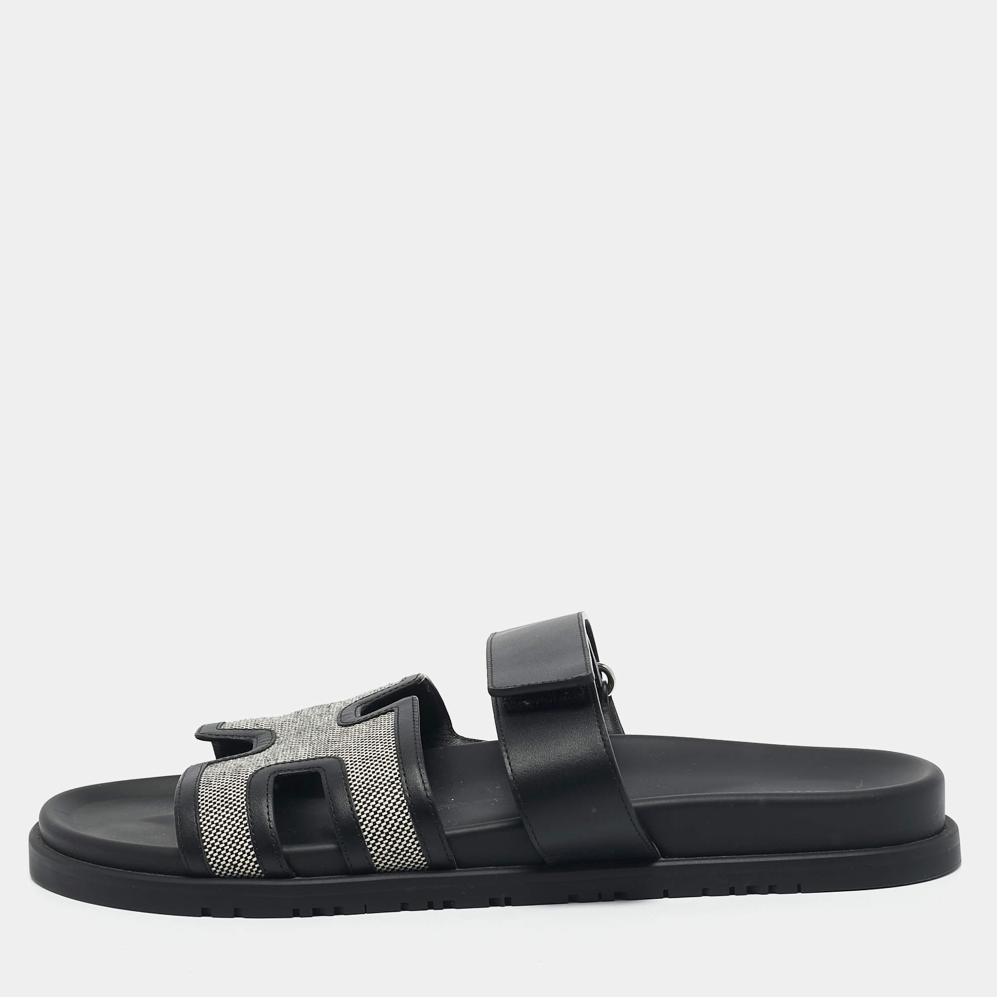 Hermes Black/White Leather and Canvas H Maxi Chypre Flat Sandals Size 45.5