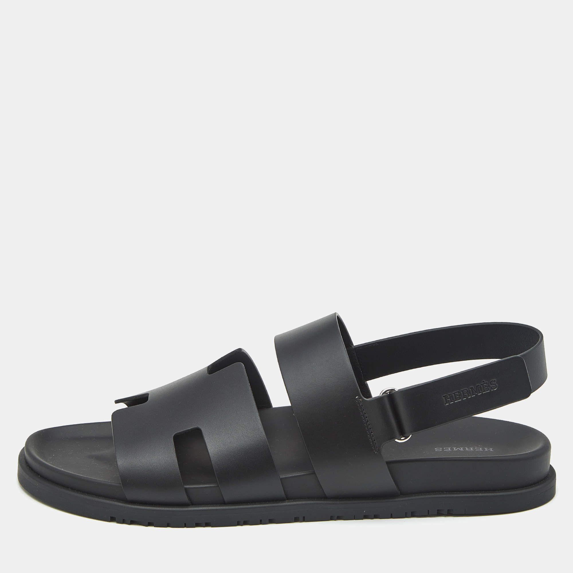 Pre Owned Hermes Black Leather Genius Flat Sandals Size 46