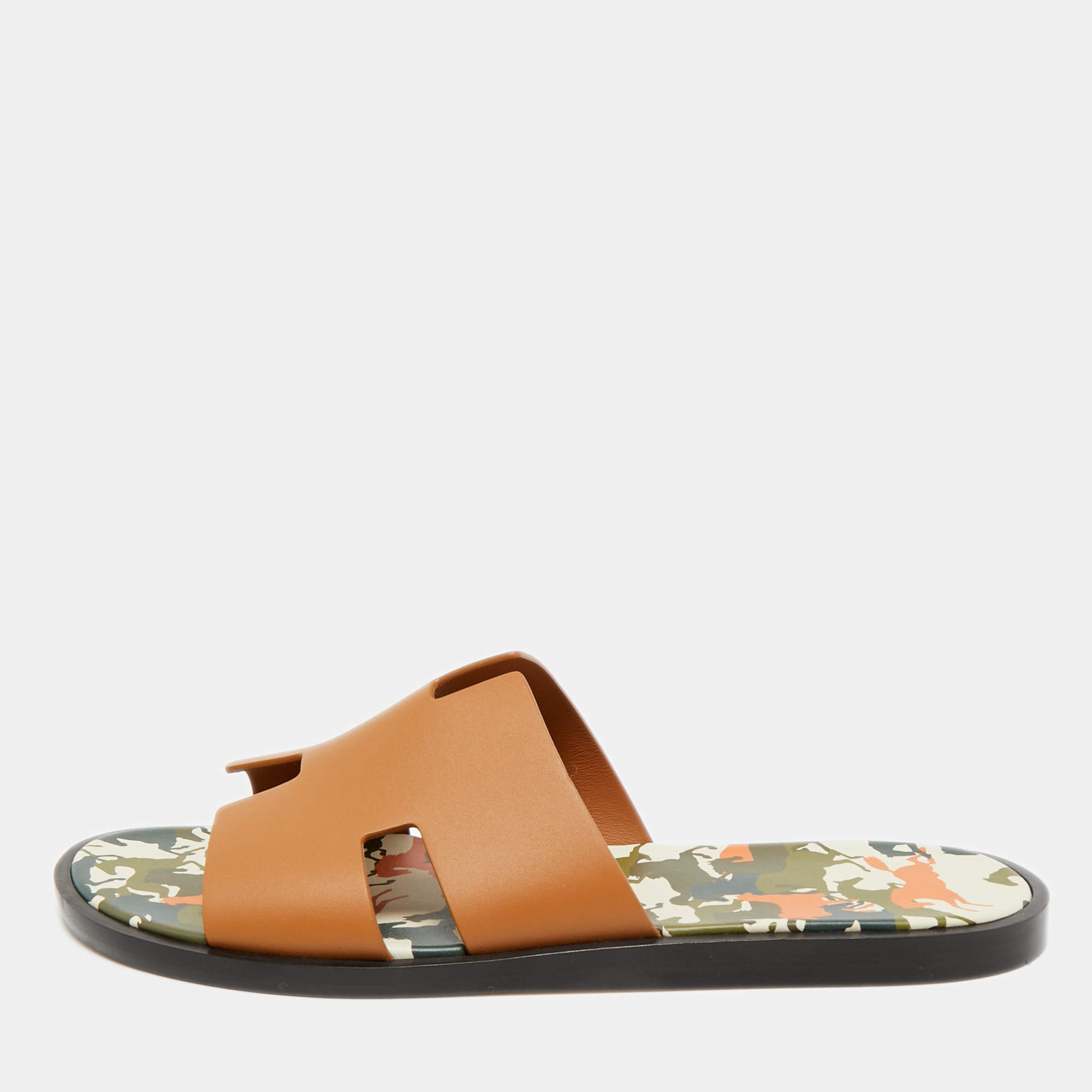 Pre Owned Hermes Brown Leather Izmir Flat Slides Size 42