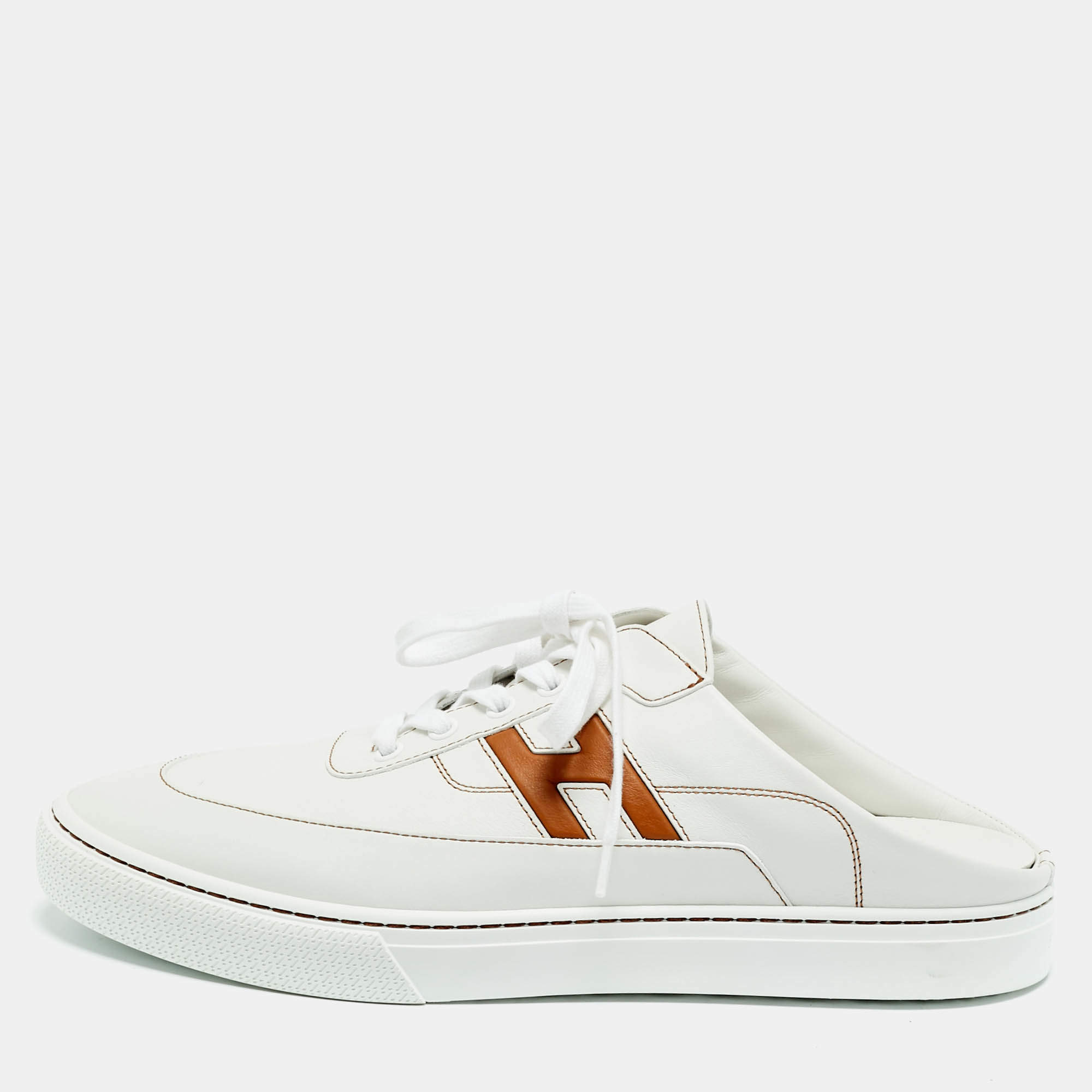 Pre Owned Hermes Keep Size 43 White Leather Mules Sneakers 