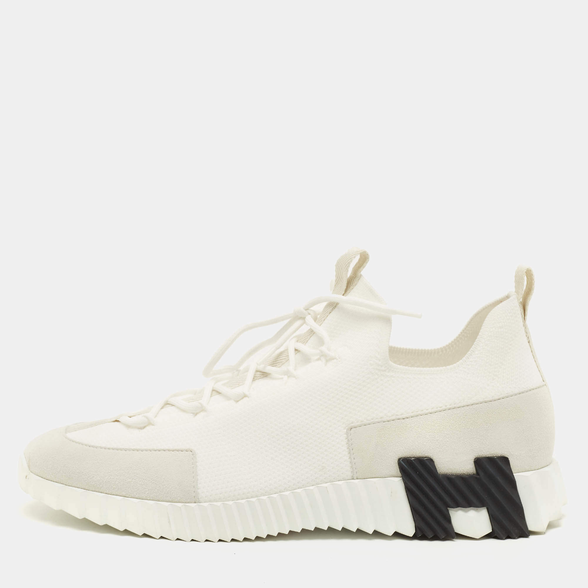 Pre Owned Hermes Lift Size 45 White Fabric and Suede Slip On Sneakers