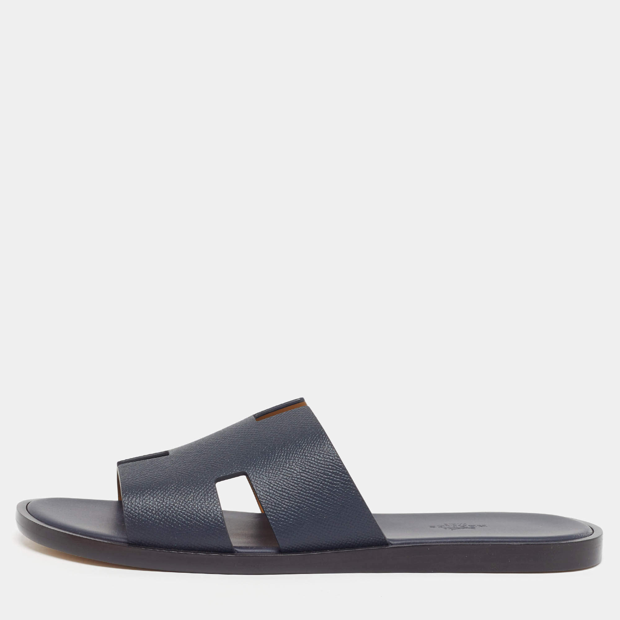 Pre Owned Hermès Izmir Size 43.5 Navy Blue Leather Flat Slides