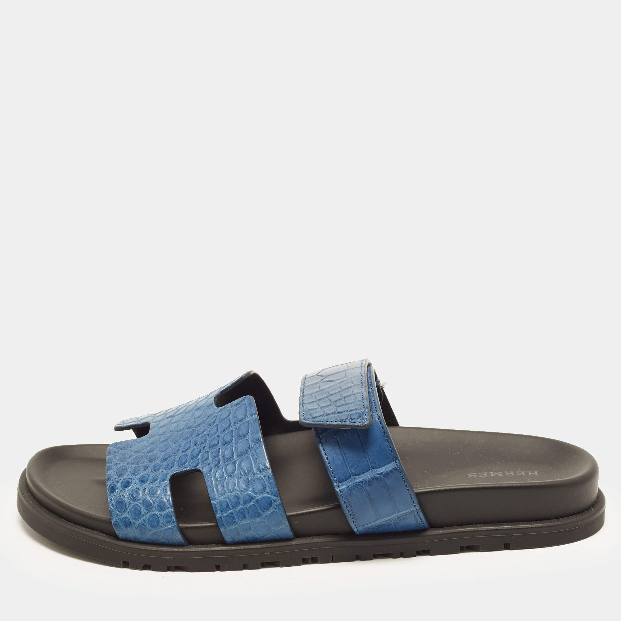 Pre Owned Hermes Chypre Size 43 Blue Matte Alligator Flat Sandals