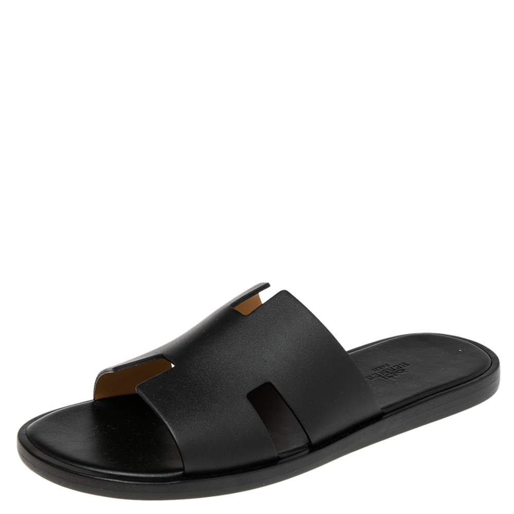 Pre Owned Hermes Black Leather Izmir Flat Sandals 40
