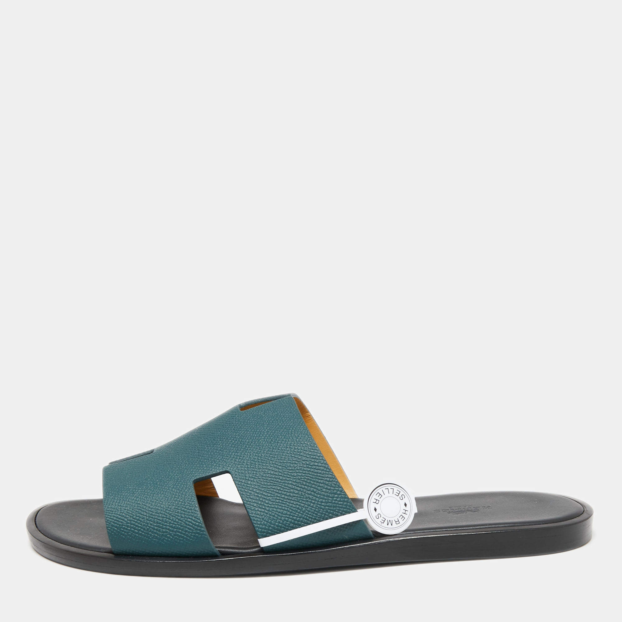 Hermes Green Leather Izmir Flat Slides Size 43