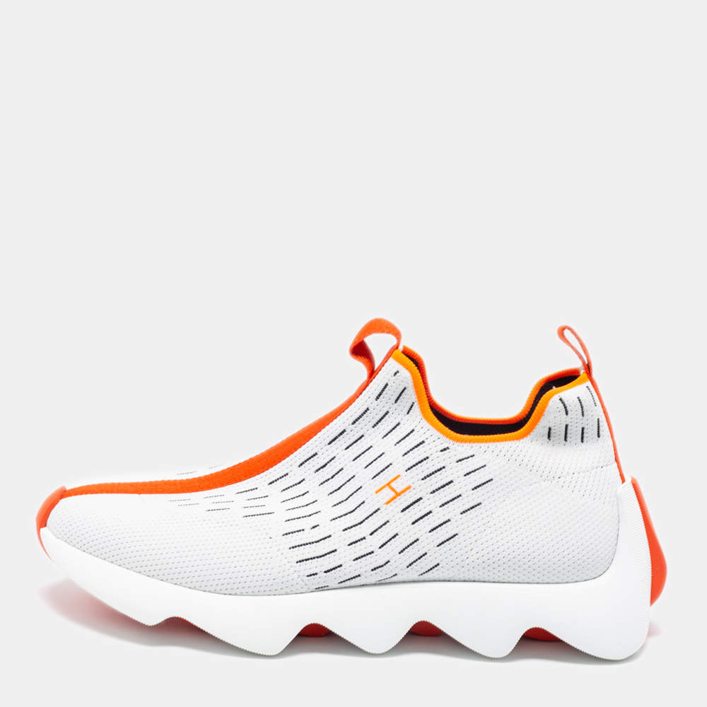 Hermes White/Orange Knit Fabric Eclair Slip-On Sneakers Size 42