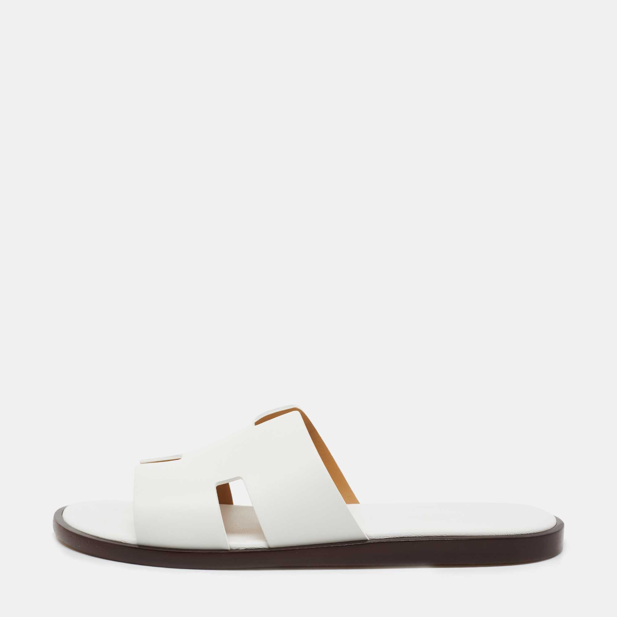 Hermes White Leather Izmir Slide Flats Size 42