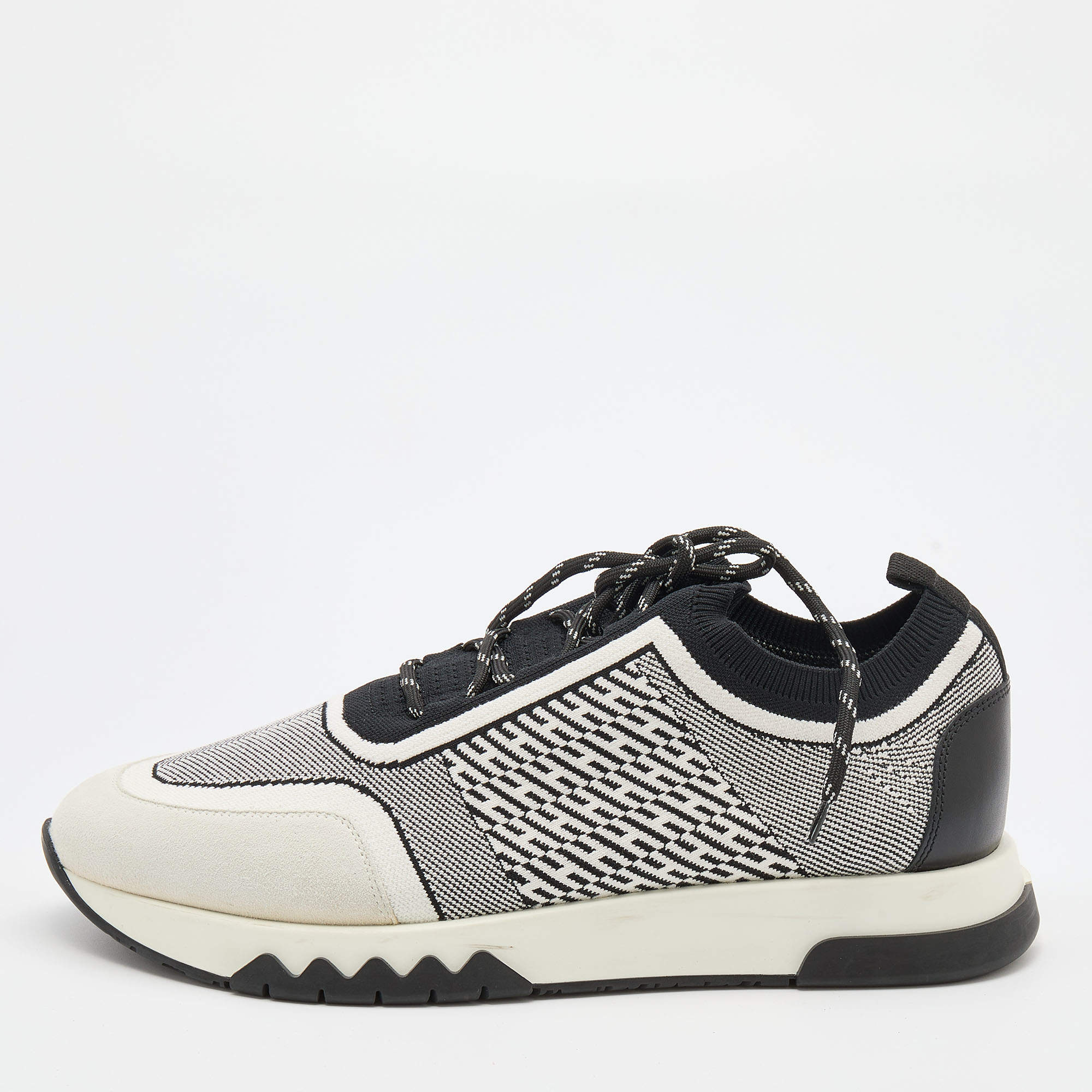 Hermes White/Black Suede and Knit Fabric Addict Low Top Sneakers Size 41