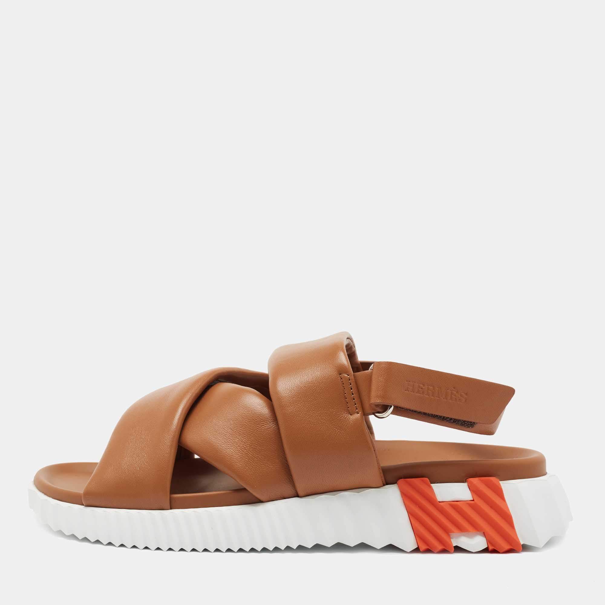 Pre Owned Hermes Brown Leather Electric Slingback Sandals Size 41