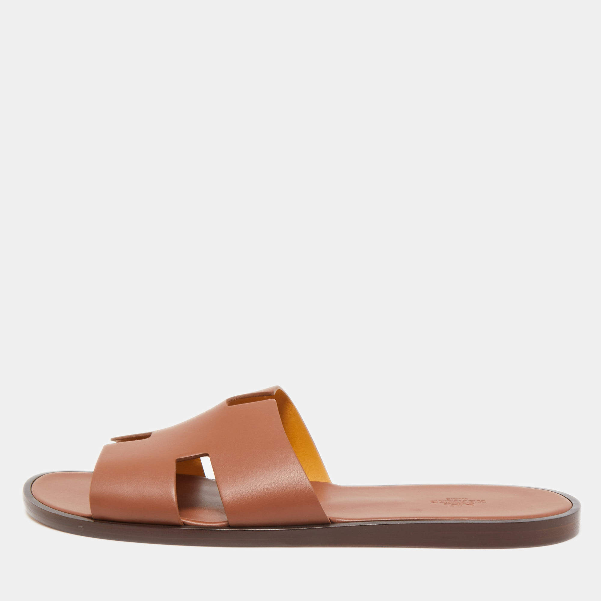 Hermes Brown Leather Izmir Slide Flats Size 47