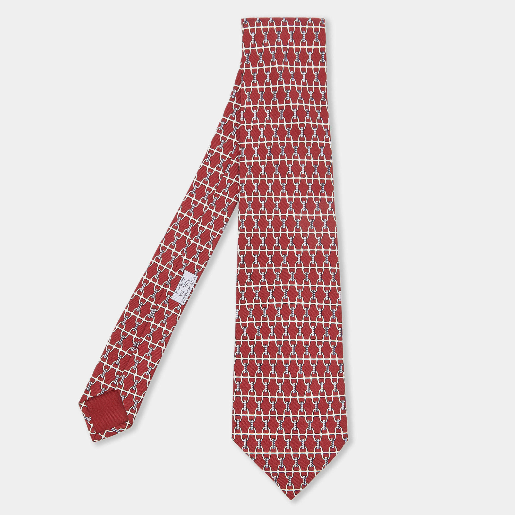 Pre Owned Hermes Red Stirrup Print Silk Classic Tie