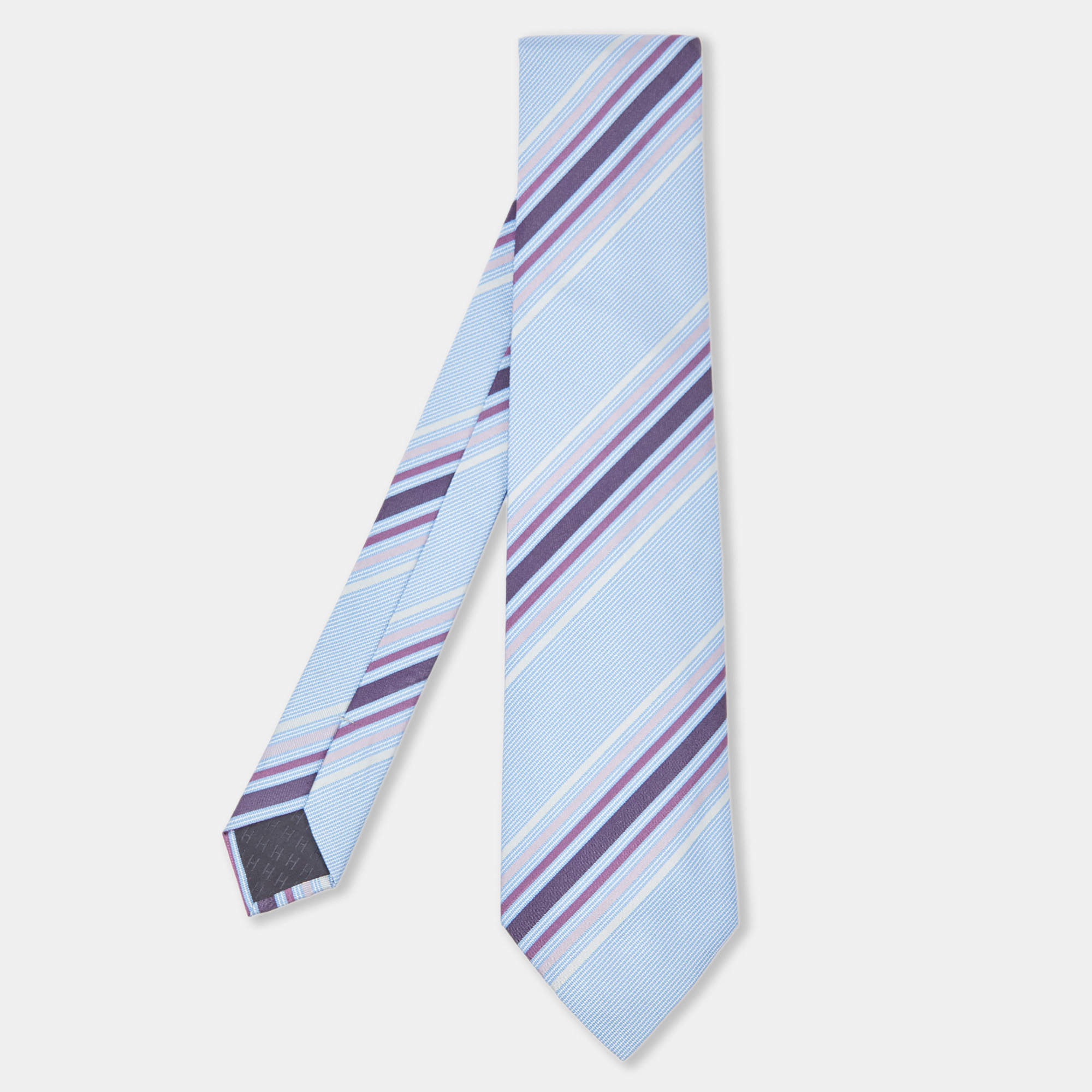 Hermès Blue Diagonal Stripe Pattern Silk Tie