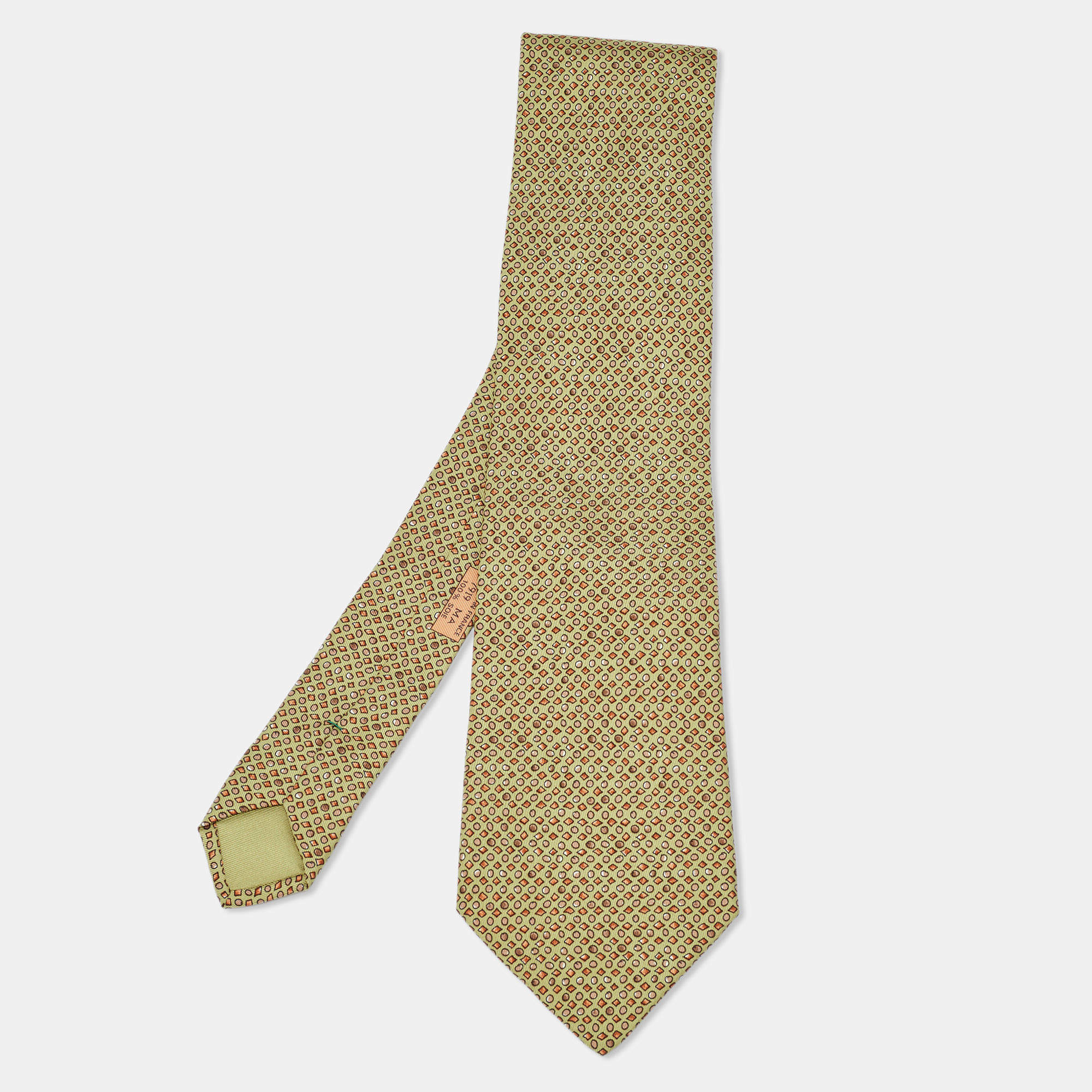 Hermès Green Geometric Shape Print Silk Traditional Tie