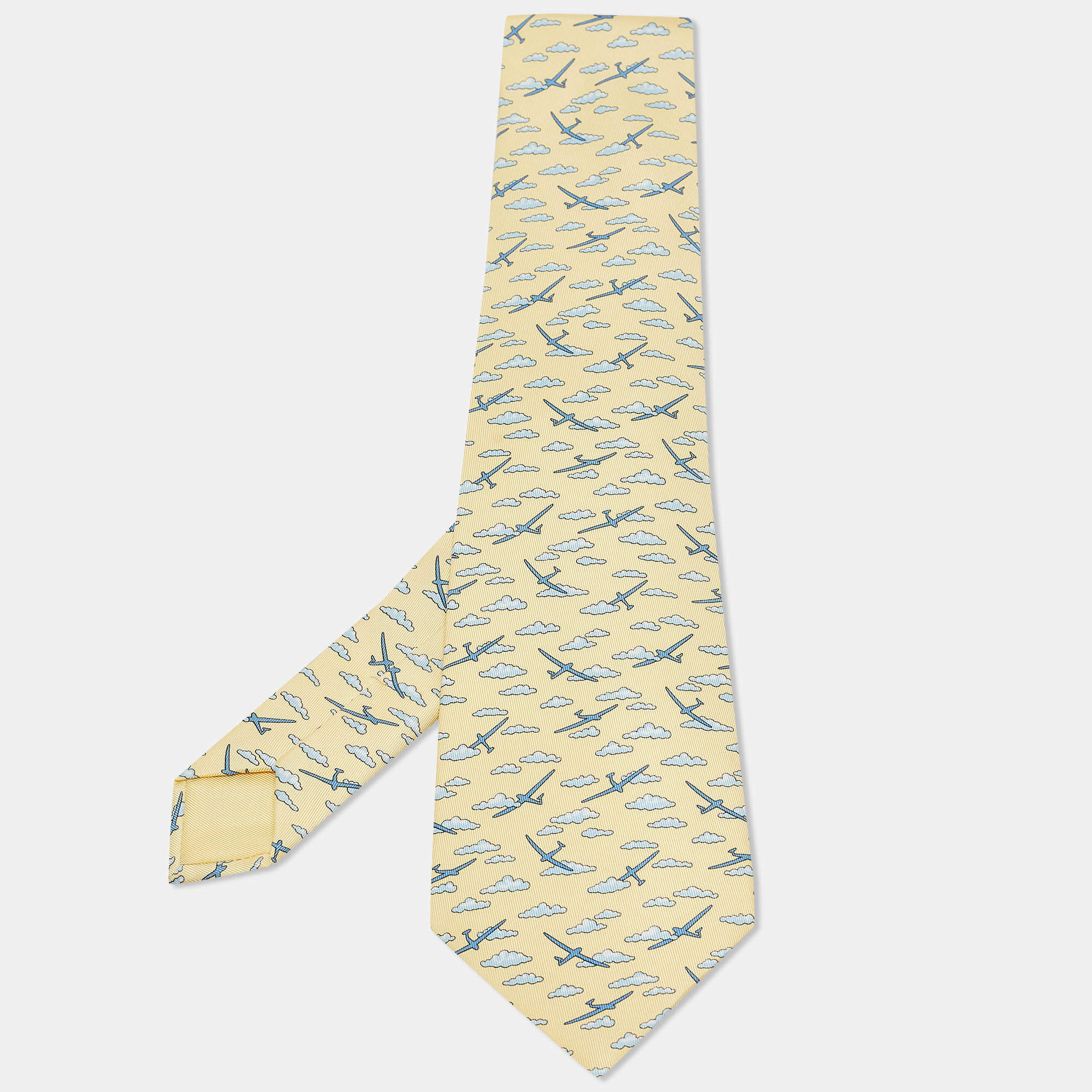 Pre Owned Hermès Yellow Airplane Cloud Print Silk Traditional Tie