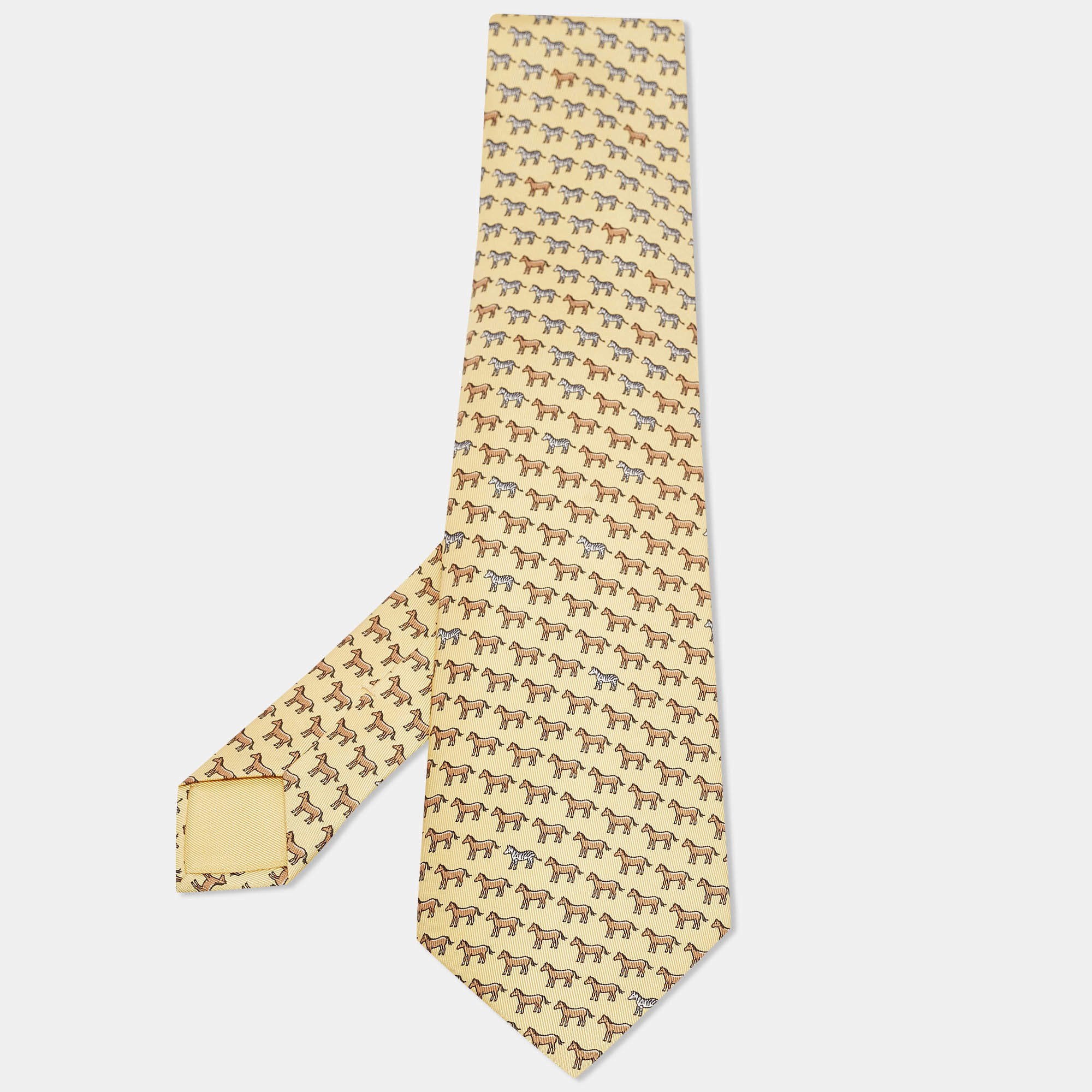 Pre Owned Hermes Yellow Horse Silk Traditional Tie