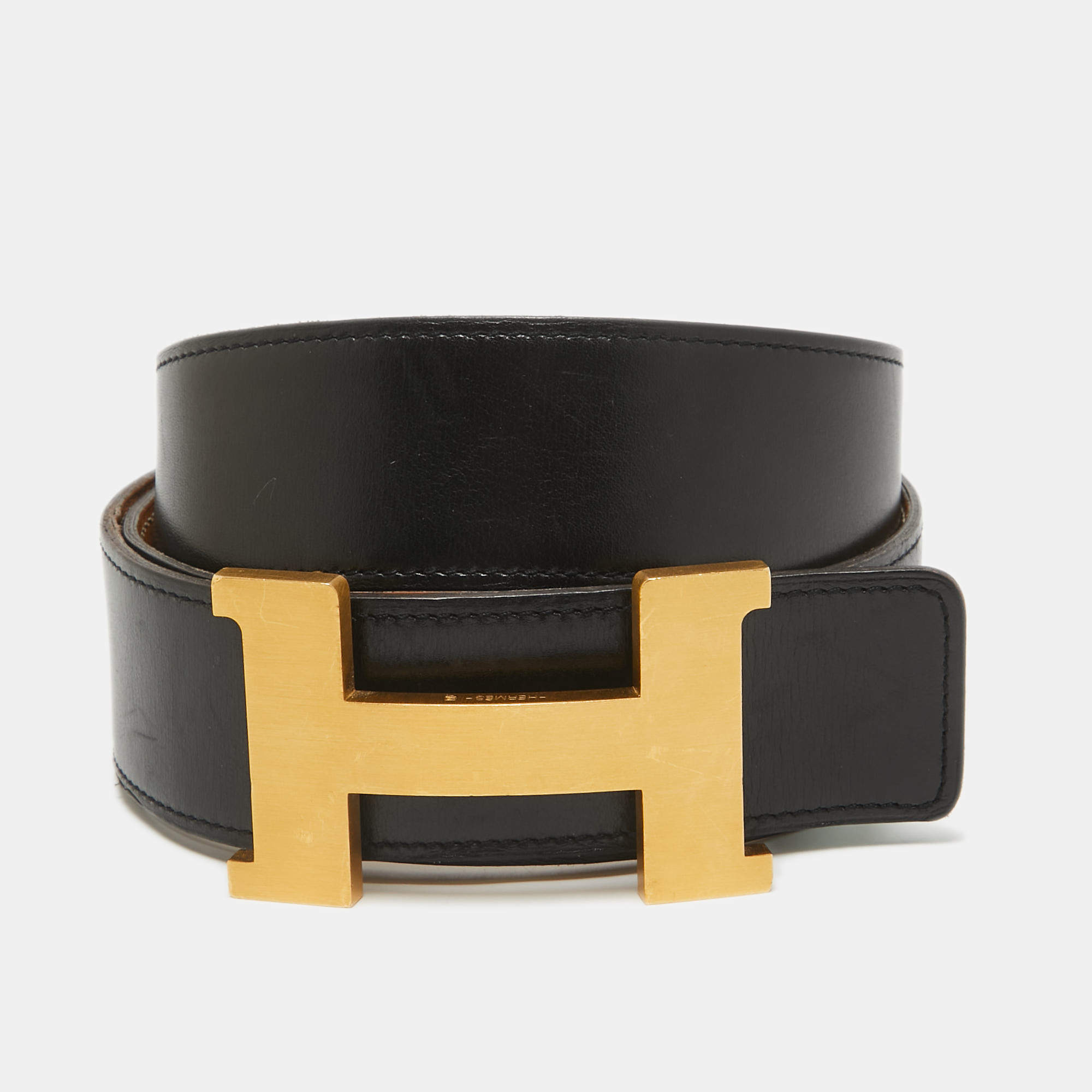 Hermes Noir/Gold Chamonix and Box Leather Constance Reversible Belt 95 CM