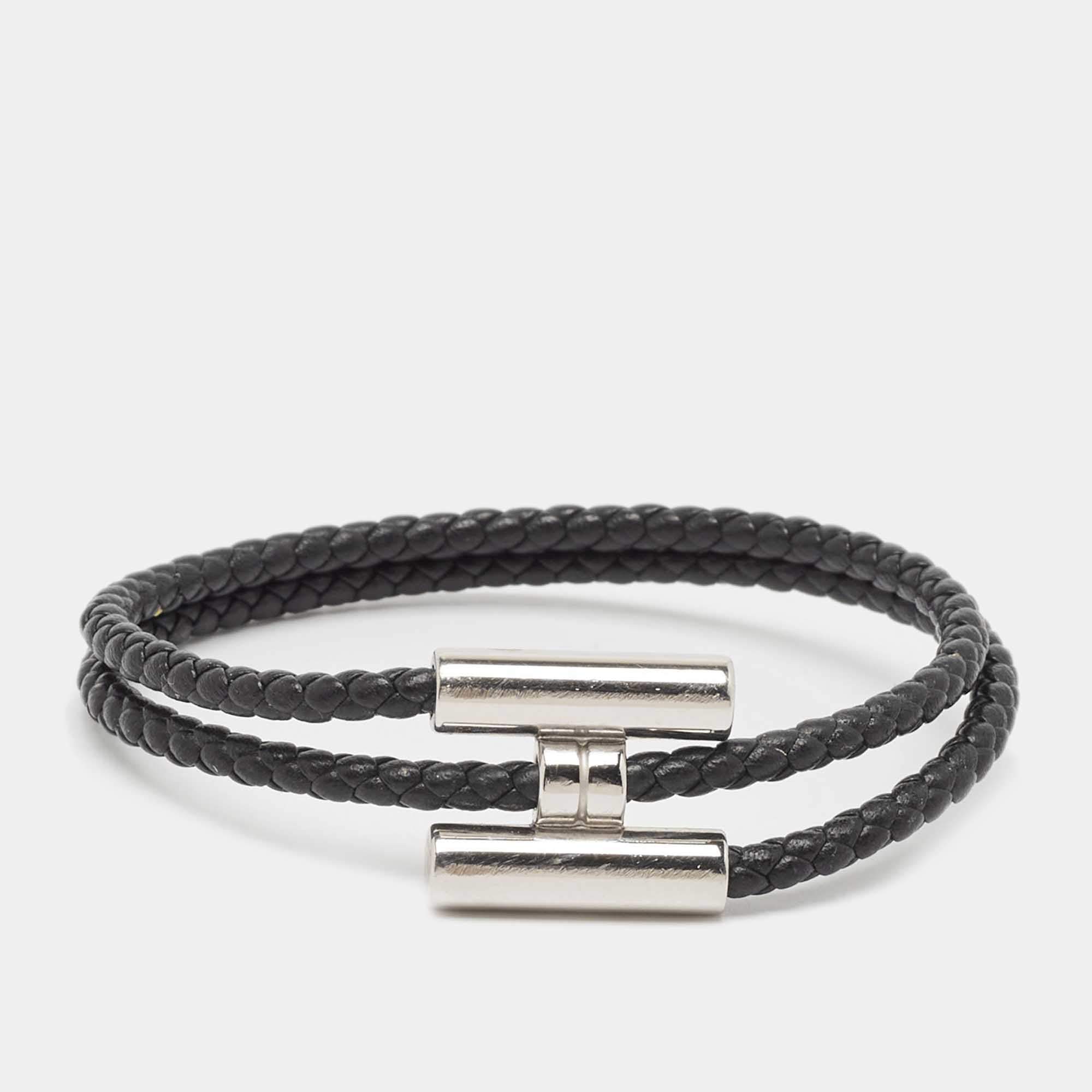 Pre Owned Hermès Tournis Tresse-Black Leather Palladium Plated Bracelet