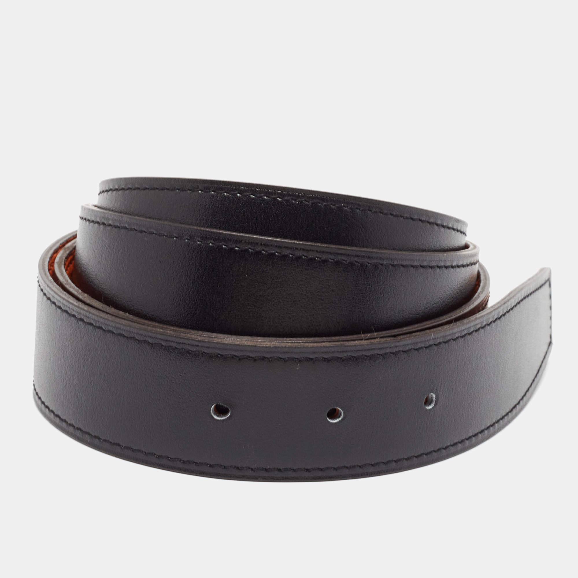 Pre Owned Hermes Black/Orange Box and Togo Leather Reversible Belt Strap 105CM